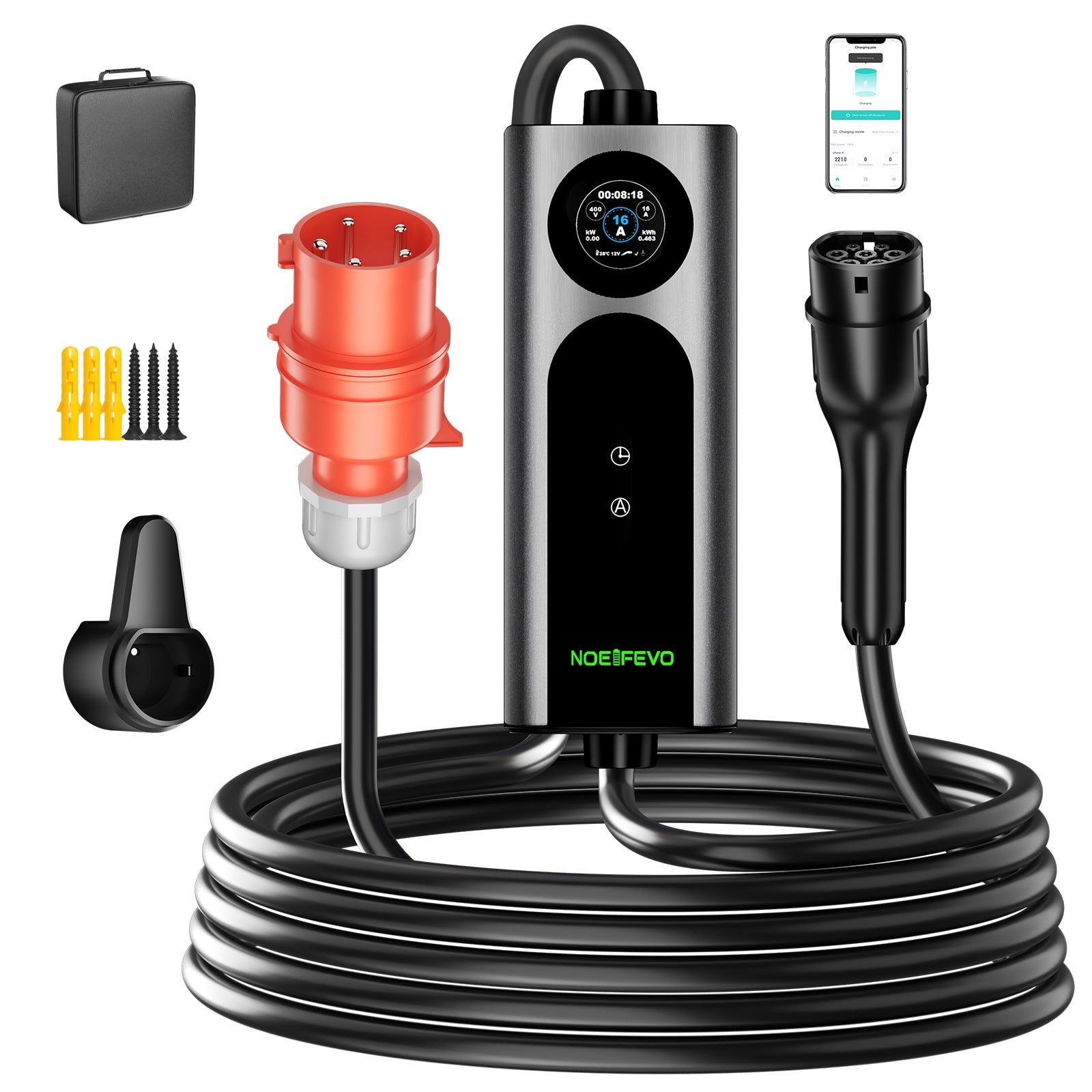 NOEIFEVO 2026 Pro Mobile Wallbox 11kw mit app, e auto CEE 16A auf Typ 2 Ladekabel, 3-phasig EV Ladegerät für Allen EVs(IEC 62196-2) & PHEVS
