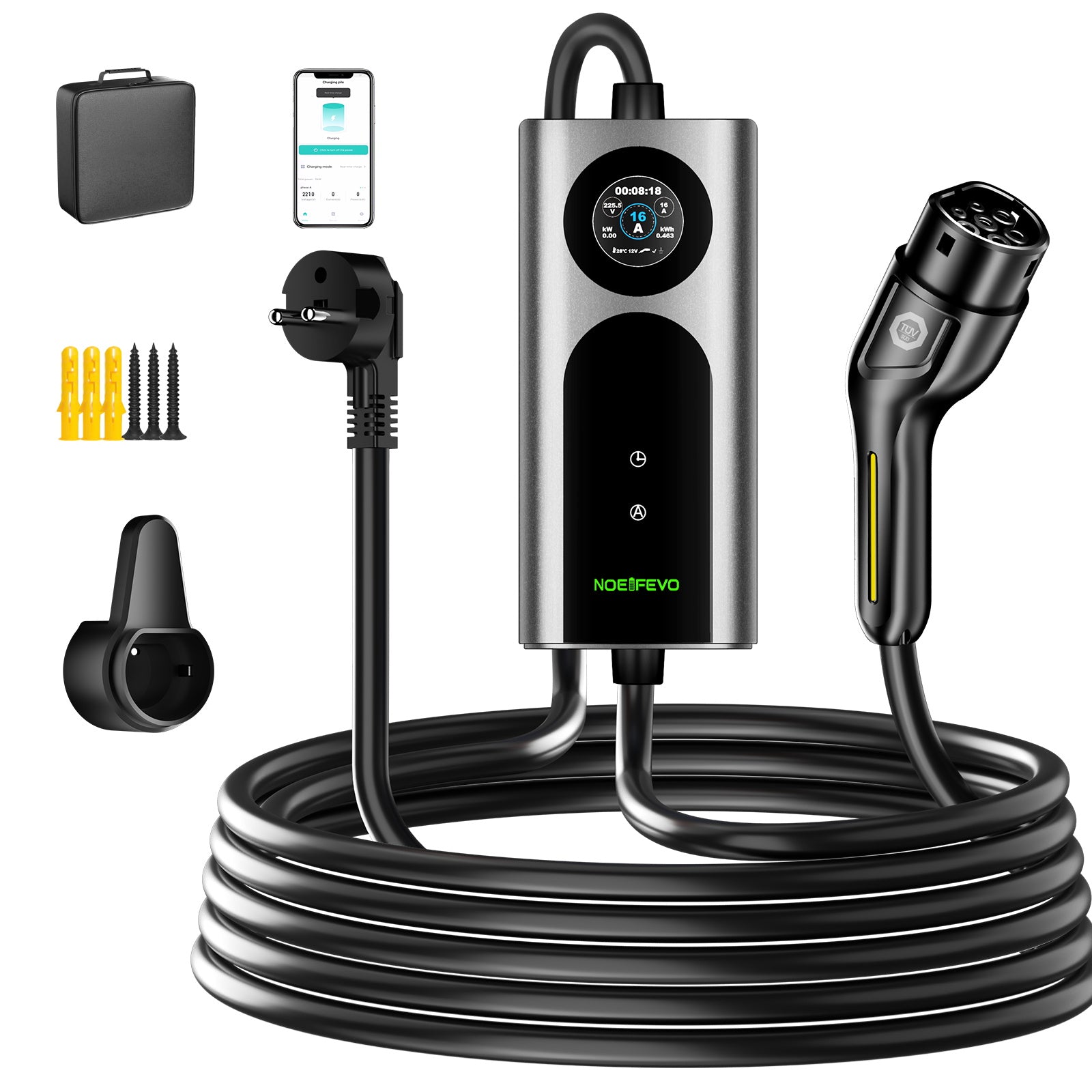 NOEIFEVO 2026 Pro Typ 2 Ladekabel Schuko 220V, 3,7kW Mobile Wallbox mit APP, 6-16A 1-phasig Ladekabel e auto  für Allen EVs(IEC 62196-2) & PHEVS