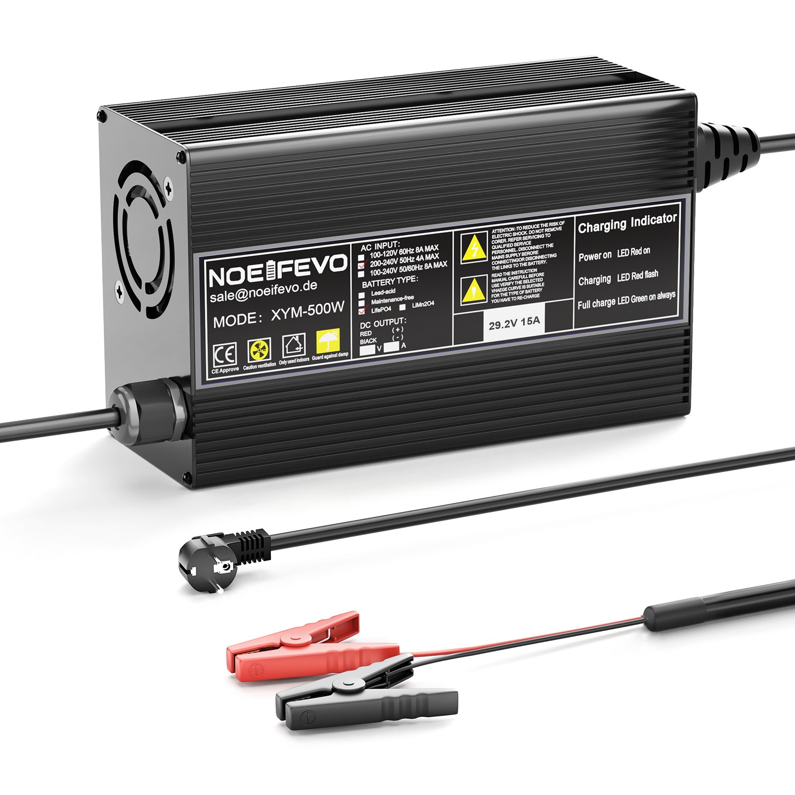 Noeifevo 29,2V 15A LiFePO4 batterioplader til 24V 25,6V lithiumbatteri, 0V BMS aktivering, automatisk nedlukning med fuld beskyttelse