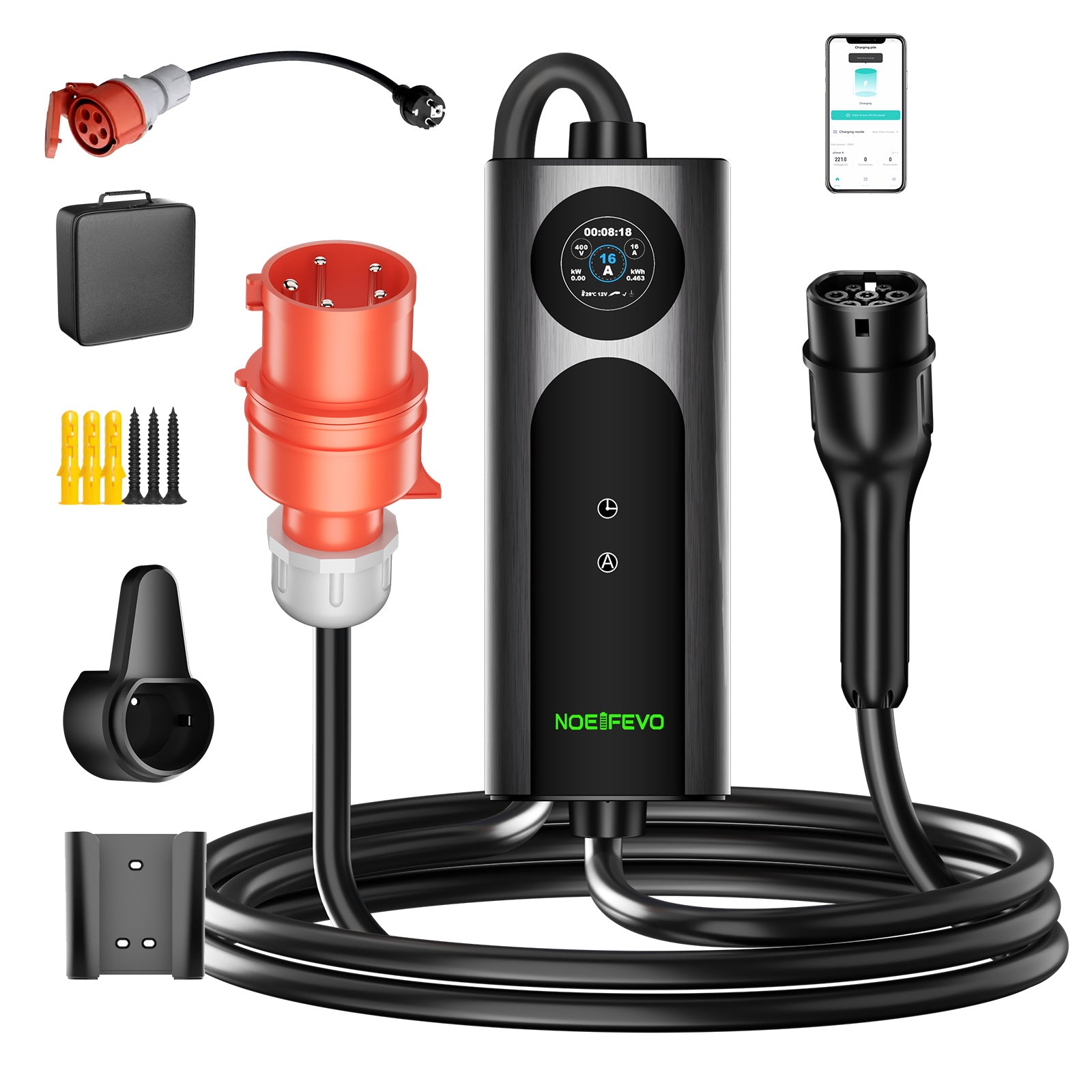 NOEIFEVO 2026 Pro Mobile Wallbox 11kw mit app, e auto CEE 16A auf Typ 2 Ladekabel, 3-phasig EV Ladegerät für Allen EVs(IEC 62196-2) & PHEVS