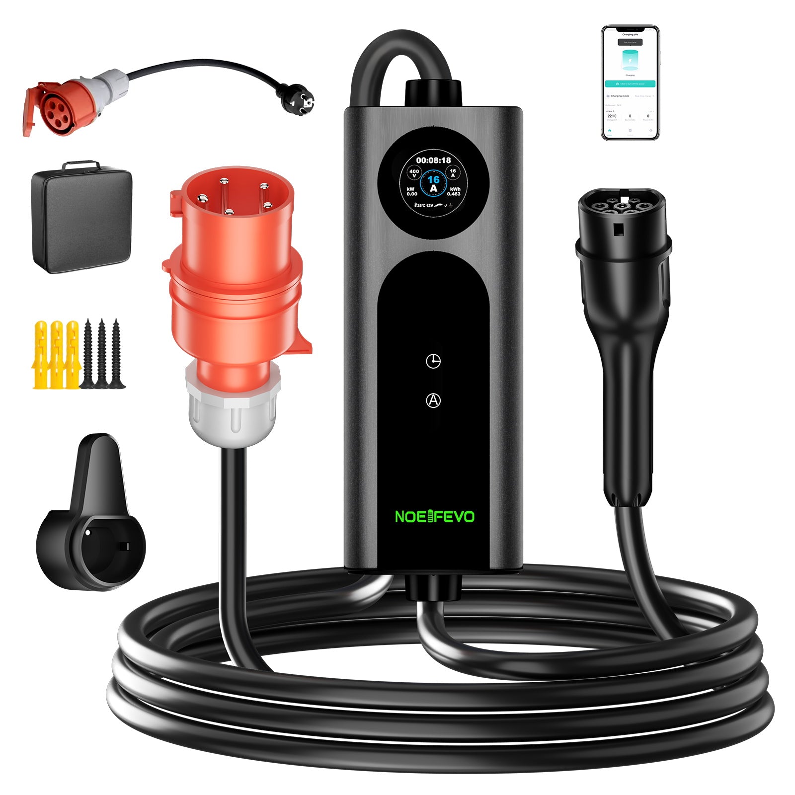 NOEIFEVO 2026 Pro Mobile Wallbox 11kw mit app, e auto CEE 16A auf Typ 2 Ladekabel, 3-phasig EV Ladegerät für Allen EVs(IEC 62196-2) & PHEVS