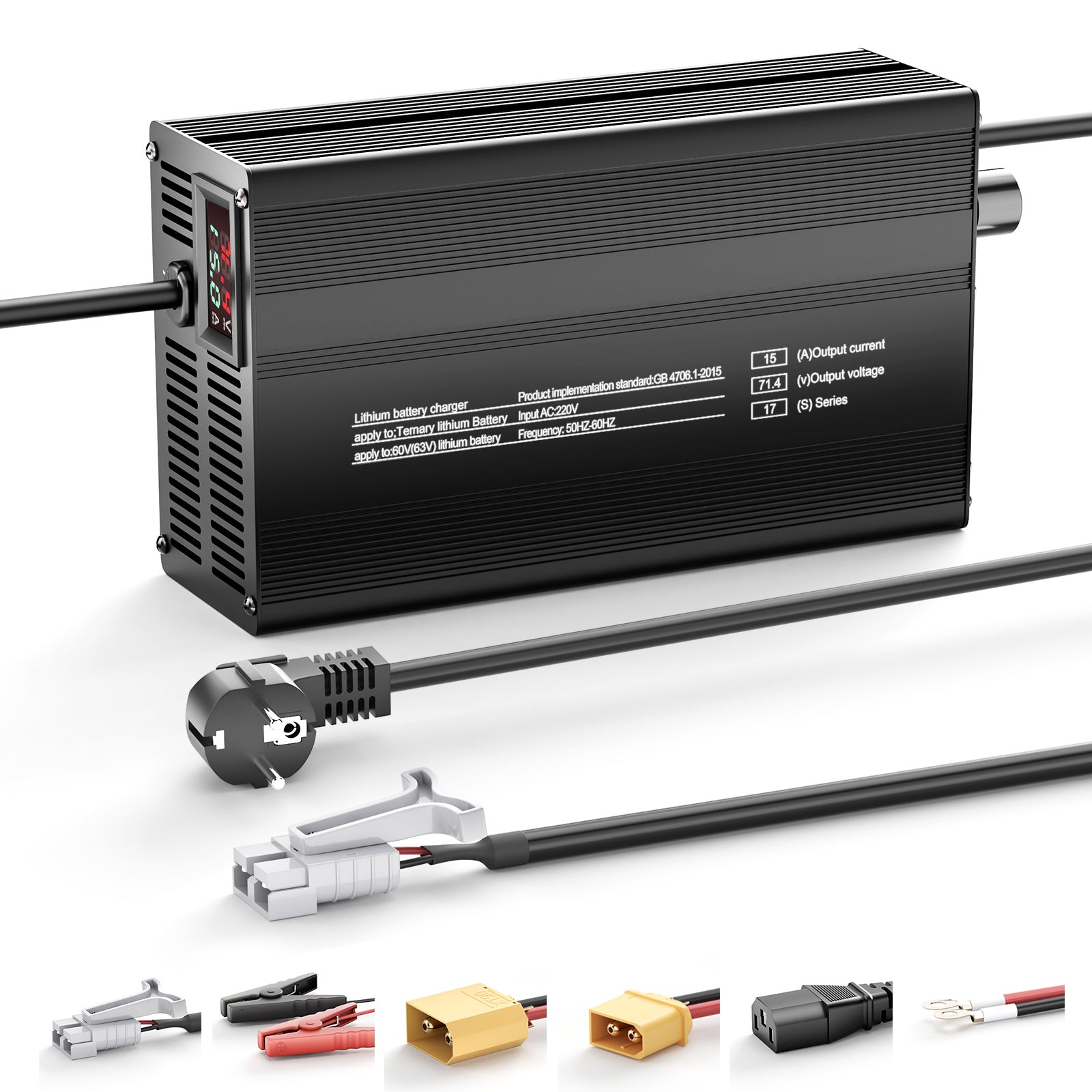 NOEIFEVO 60V 63V 17S 15A Lithium-Batterijlader, Uitgangsspanning 71.4V, Stroominstelling 1-15A, langzaam laden en snel laden (MLC1300)