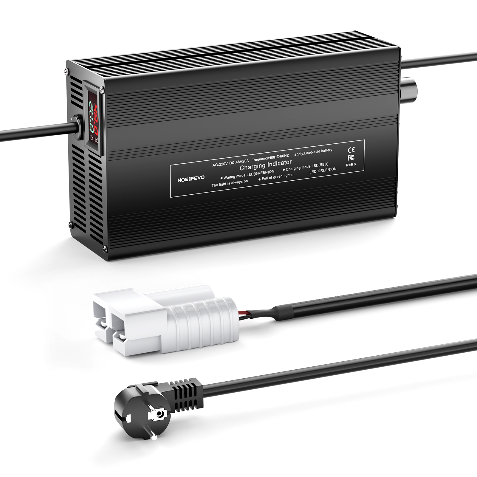 NOEIFEVO 48V 1A-20A Strøm Justerbart Batterioplader til Blysyre Batterier, AGM, Gel, Golfvogn Batterioplader, LED-Display