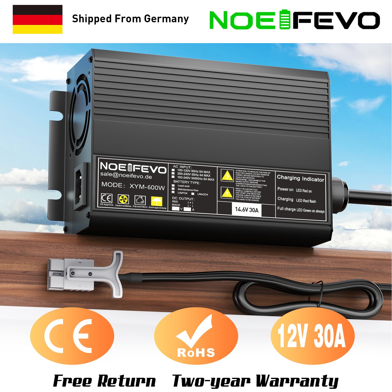 Noeifevo 12V 12.8V 30A Lithium LiFePO4 מטען סוללה, מתח טעינה 14.6V, 0V BMS הפעלה, כיבוי אוטומטי, בית אלומיניום