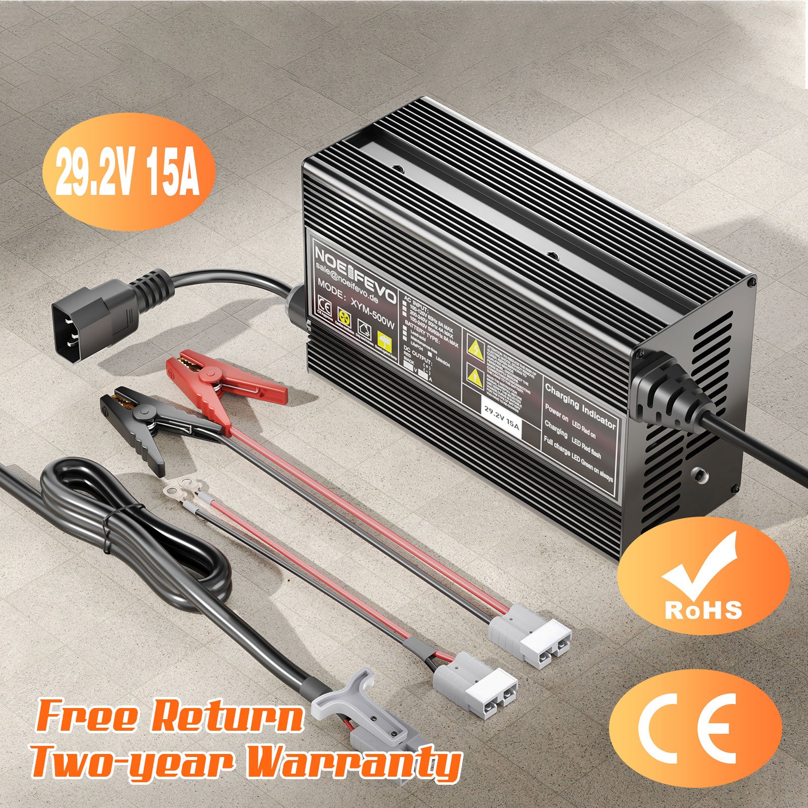 מטען סוללות Noeifevo 29.2V 15A LiFePO4 לסוללת ליתיום 24V 25.6V, הפעלת BMS 0V, כיבוי אוטומטי עם הגנה מלאה