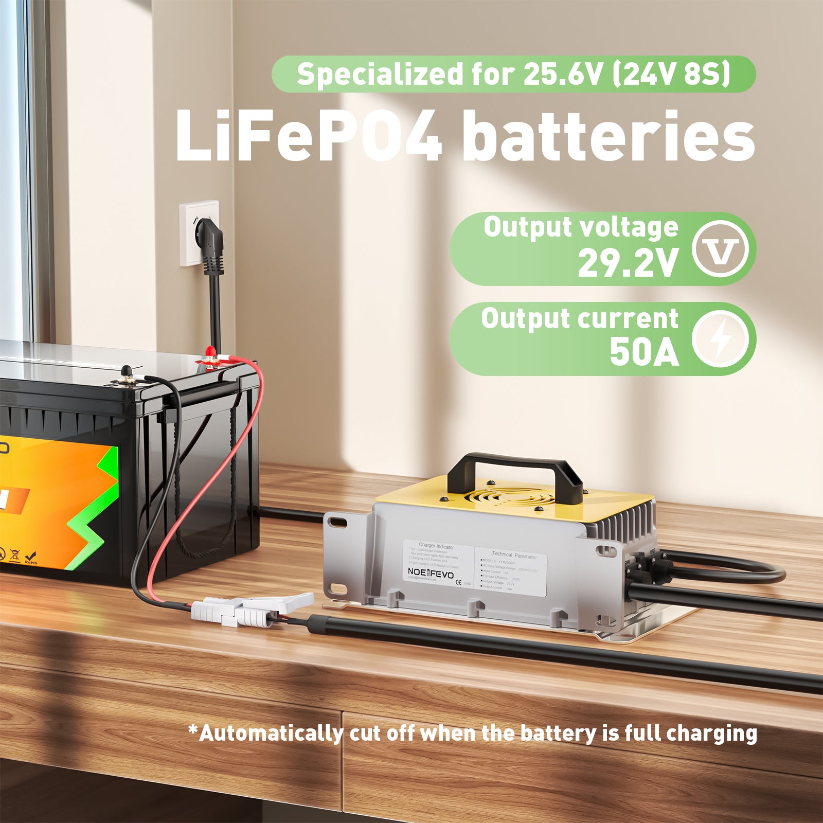 NOEIFEVO 29.2V 50A LiFePO4 Akku Ladegerät für 24V 25.6V LiFePO4 Batterie, wasserdicht, 0V BMS Aktivieren