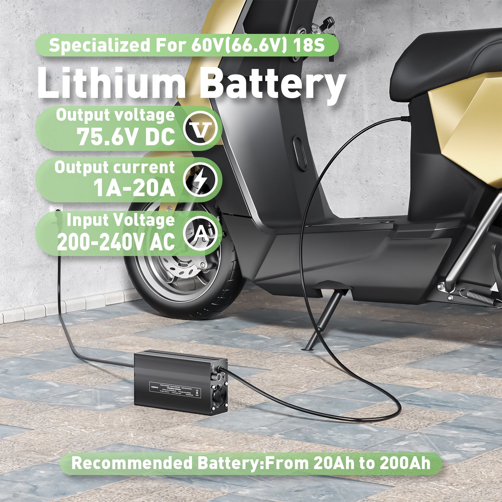 NOEIFEVO 75.6V 20A Ładowarka do akumulatorów litowo-jonowych dla akumulatorów 66.6V 18S Lithium-Li-Ion-Lipo, wyświetlacz LCD, regulowany prąd, ładowarka do rowerów elektrycznych, skuterów, motocykli elektrycznych