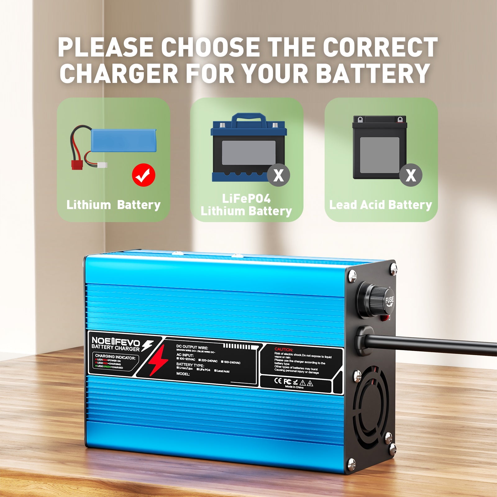 NOEIFEVO 27.6V-29.4V 5A  Blei-Säure-Batterieladegerät für 24V Blei-Säure Batterie, Kühlventilator, automatischer Abschaltung（BLUE）