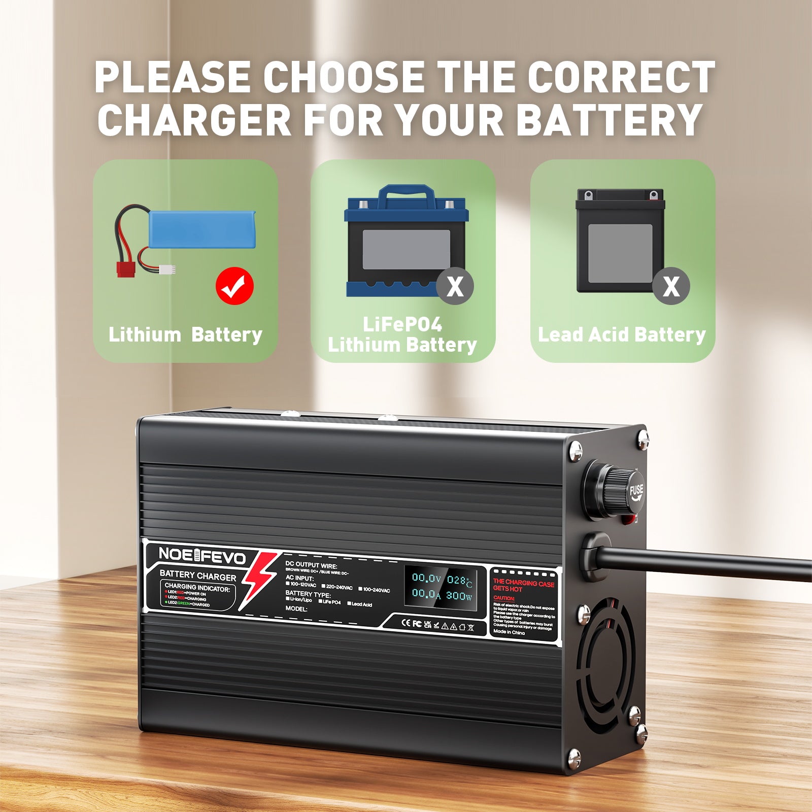 NOEIFEVO 33.6V 5A Lithium-oplader voor 8S 29.6V Li-Ion Lipo-batterijen, met LCD-scherm, koelventilator, automatische uitschakeling