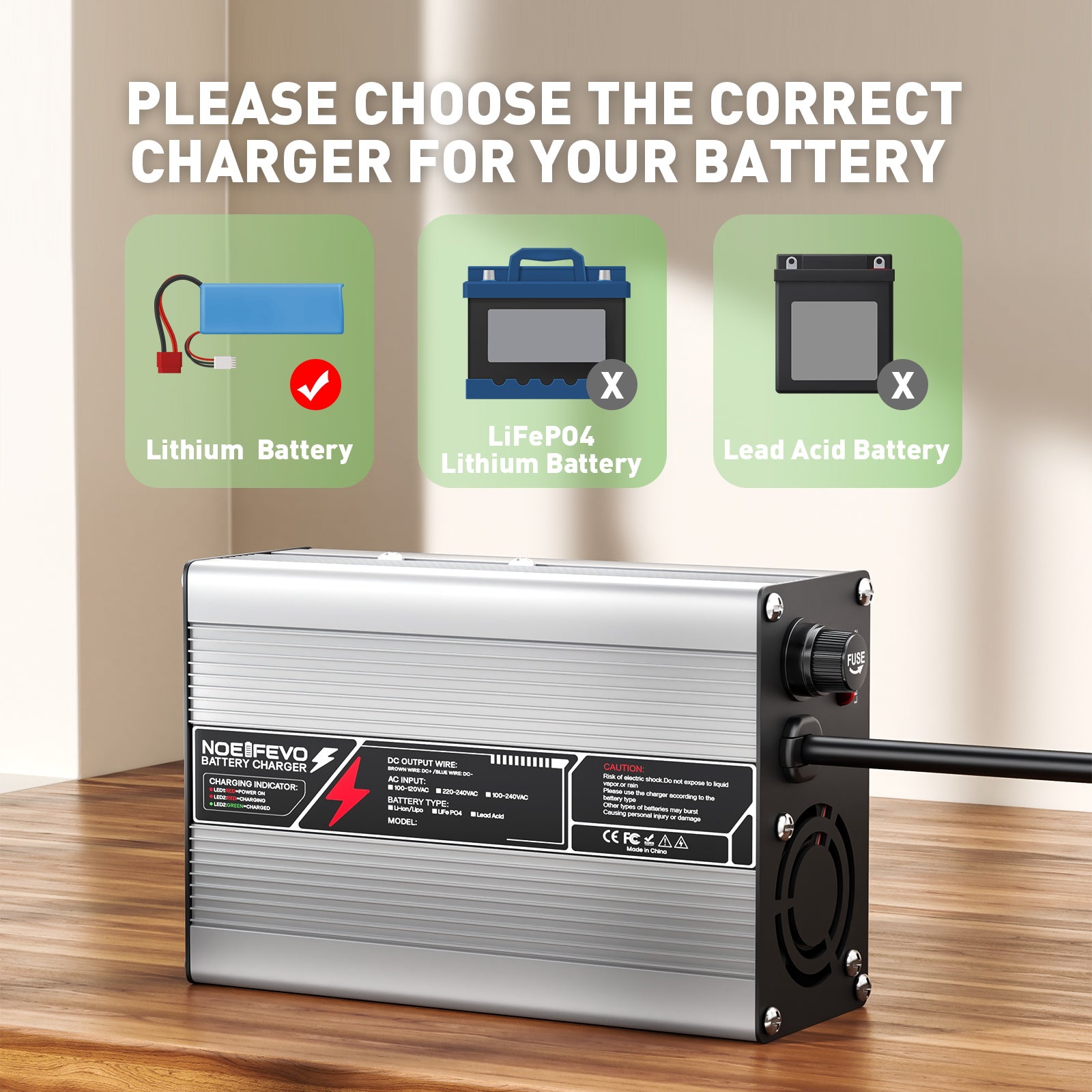 NOEIFEVO 29.4V  2A 3A 4A 5A Lithium-oplader til 7S 25.9V Li-Ion Lipo-batterier, med køleventilator og automatisk slukning.