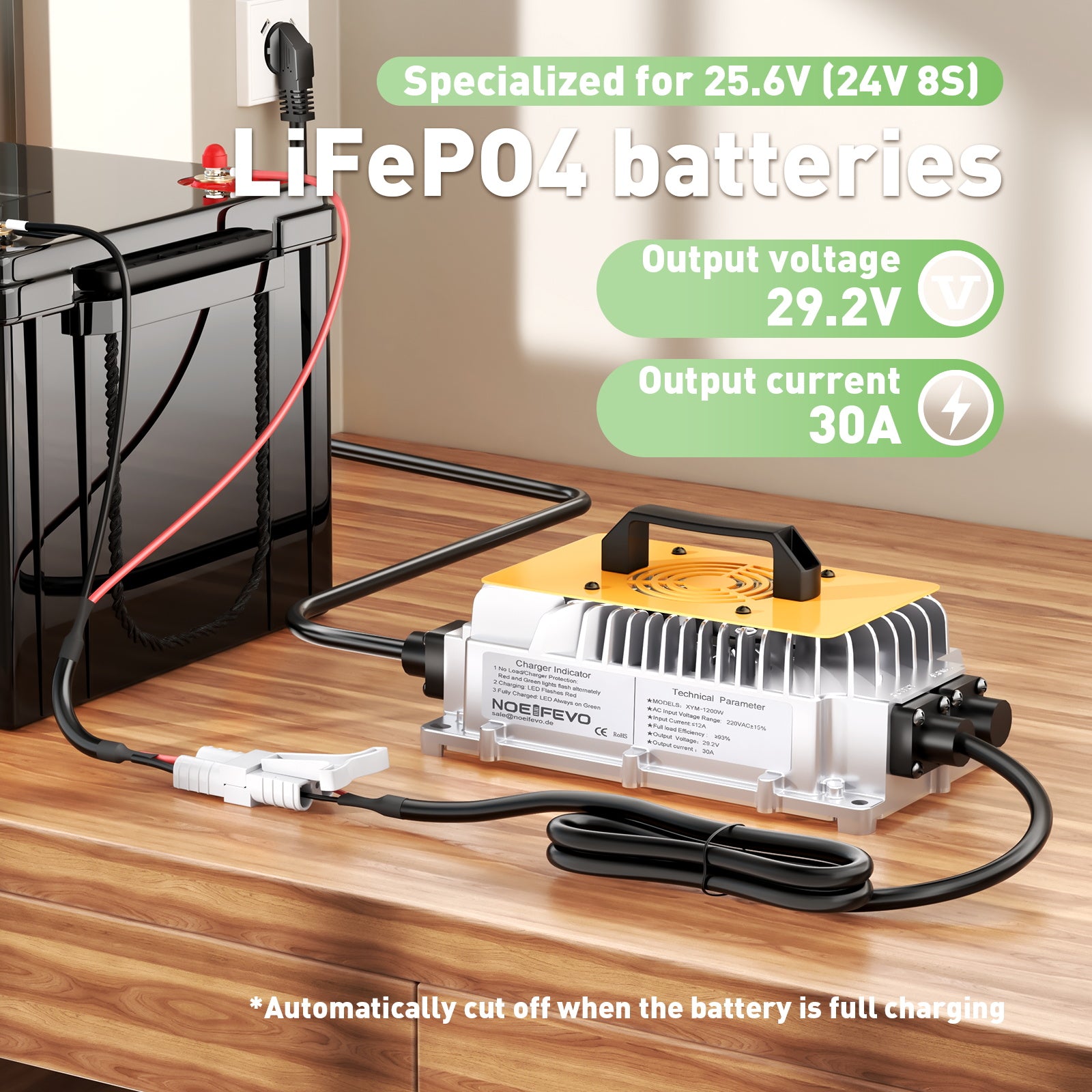 Noeifevo 29.2V 30A LiFePO4 Batterie Ladegerät für 24V 25.6V Lithium Akku, Wasserdicht, 0V BMS-Aktivierung, automatische Abschaltung