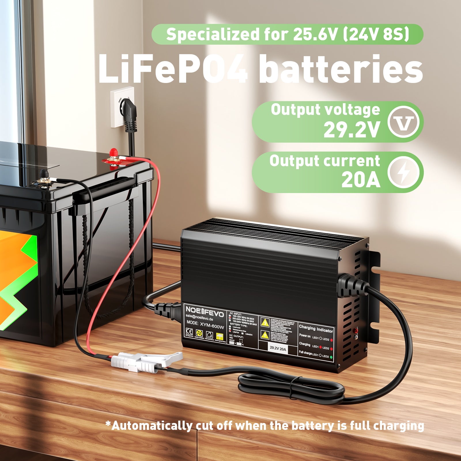 Noeifevo 29,2V 20A LiFePO4 batterioplader til 24V 25,6V lithiumbatteri, 0V BMS aktivering, automatisk nedlukning med fuld beskyttelse