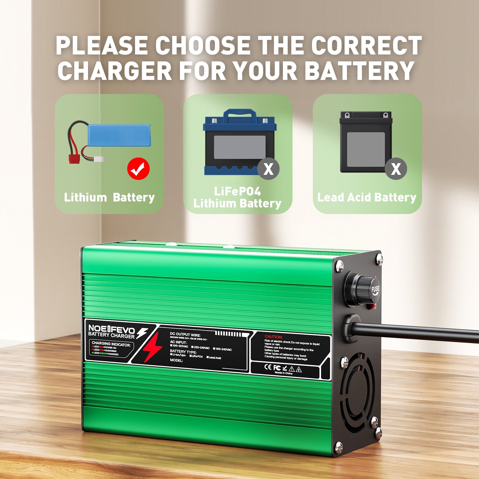 NOEIFEVO 54.6V 2A 2.5A 3A Lithium-Ladegerät für 13S 48.1V Li-Ion Lipo-Batterien, Kühlventilator, automatischer Abschaltung (GREEN)