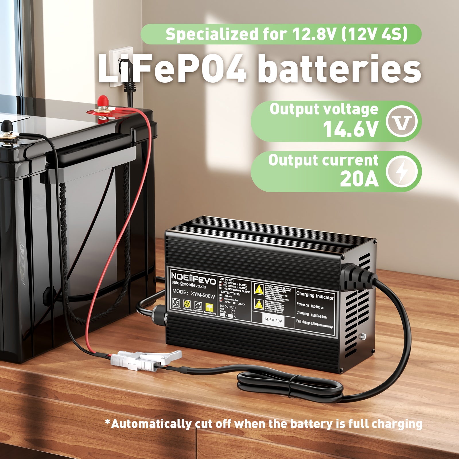 Noeifevo 14,6V 20A LiFePO4 batterioplader til 12V 12,8V LiFePO4 lithiumbatteri, 0V BMS Activate, Automatisk nedlukning, Aluminiumslegeringshus