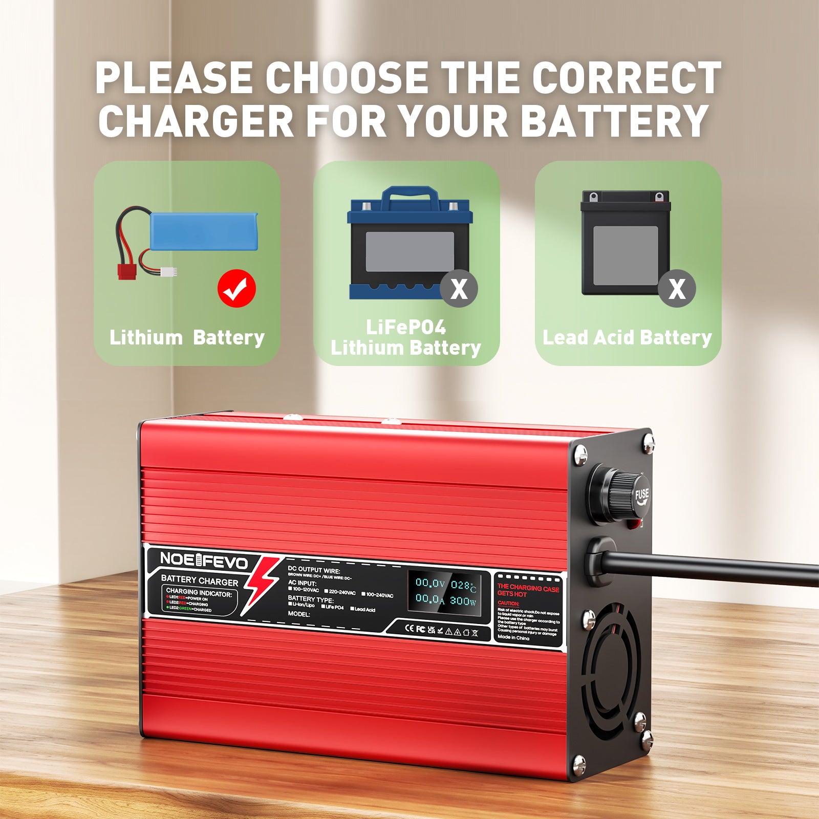 NOEIFEVO 14.6V  5A 6A 7A 8A 10A LiFePO4 batteriladdare för 4S 12V 12.8V LiFePO4 batteri, kylfläkt, automatisk avstängning(RED)