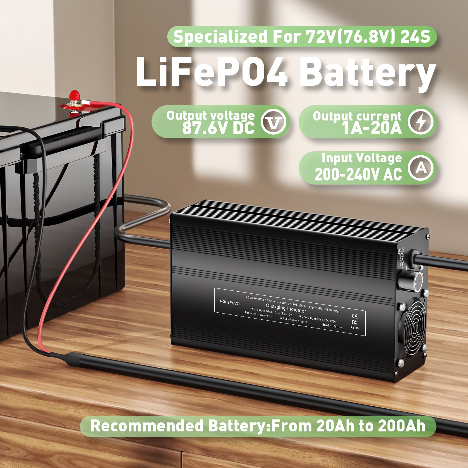 מטען סוללת ליתיום-LiFePO4 NOEIFEVO 87.6V 20A עבור סוללת LiFePO4 24S 76.8V, תצוגת LCD, זרם ניתן להתאמה, מטען למנוע גרירה, סירה וקראוון.