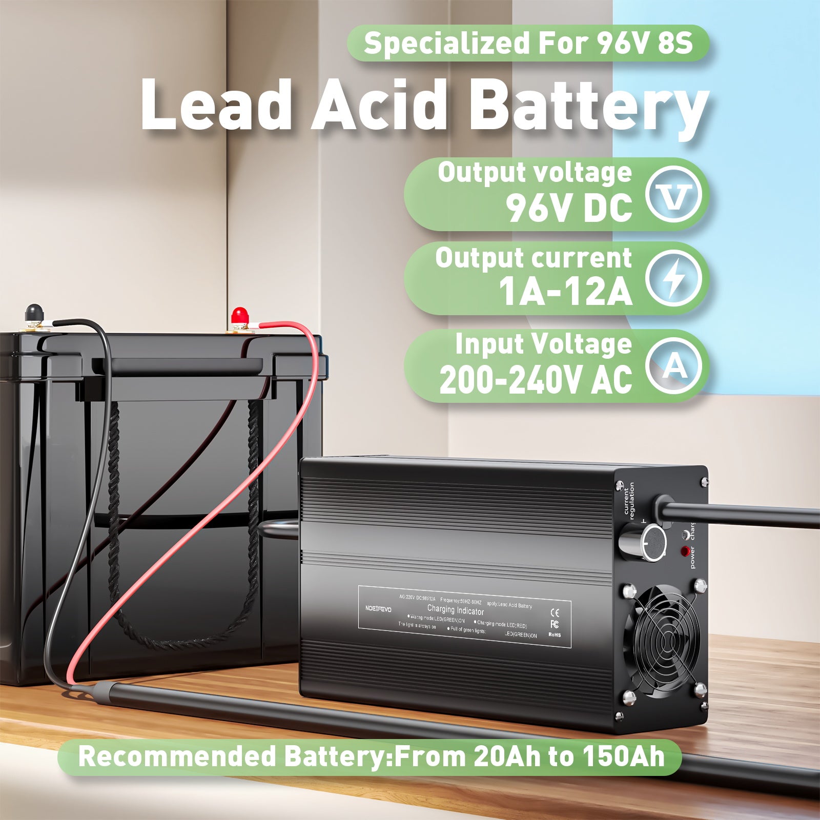 NOEIFEVO 96V 12A  Blei-Säure-Batterien -Batterieladegerät, geeignet für 96V 8S  Blei-Säure-Batterien, LCD-Display, einstellbarer Strom