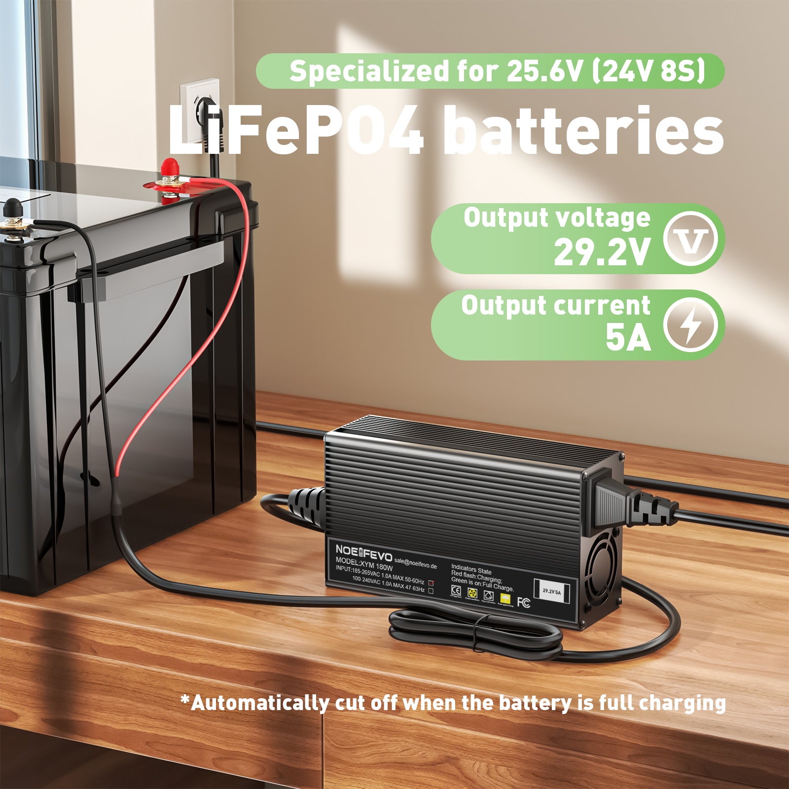 Noeifevo 29,2V 5A LiFePO4 batteriladdare för 24V 25,6V LiFePO4 batteri, XLR/IEC/XT60/Anderson 50A/M8