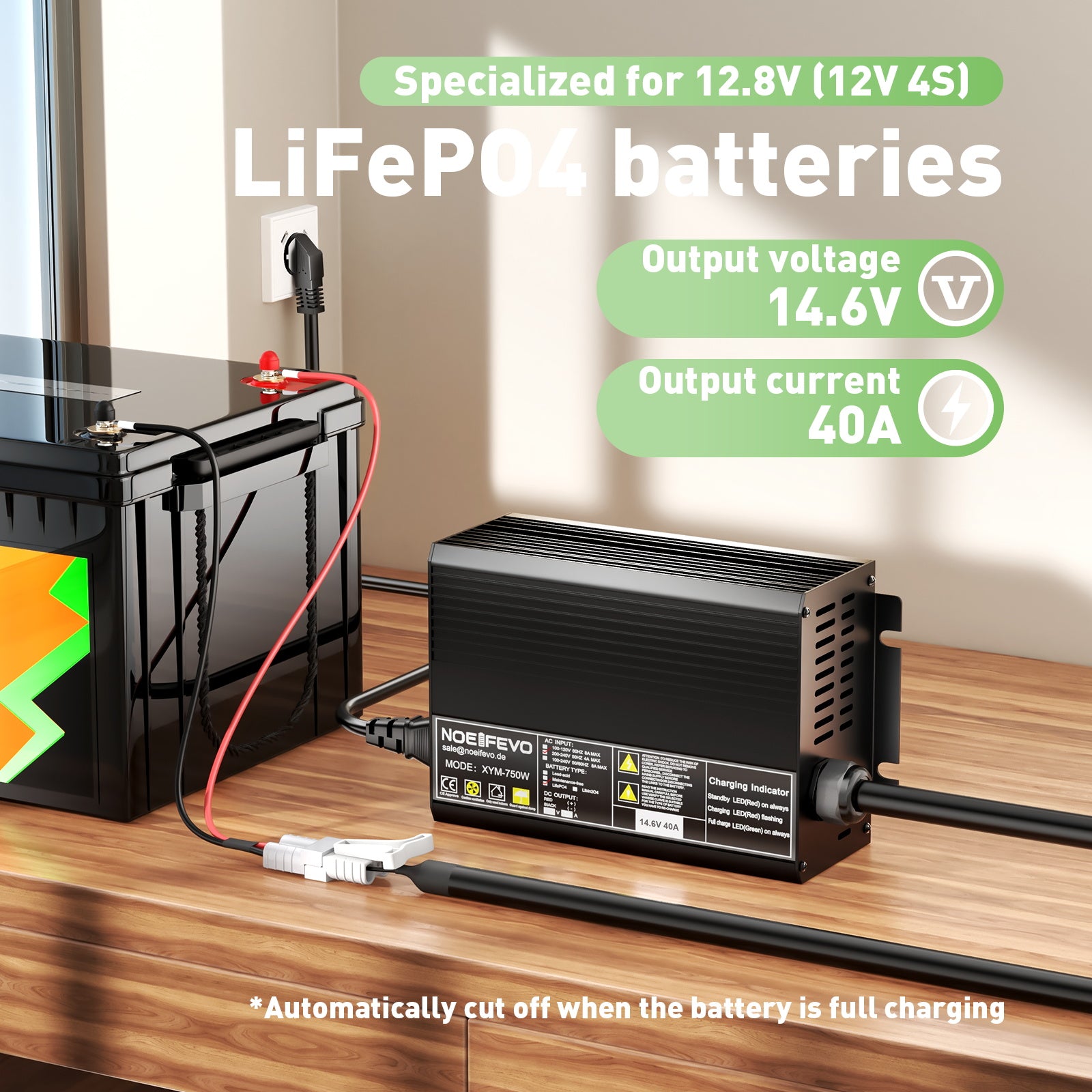 Noeifevo 14.6V 40A LiFePO4 batterioplader til 12V(12.8V) LiFePO4 batteri