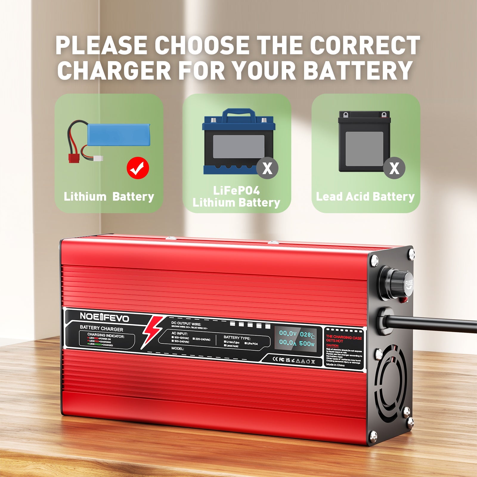 NOEIFEVO 73V 6A LiFePO4 batteriladdare för 64V 20S LiFePO4 batterier, automatisk avstängning, OLED-display, aluminiumhölje, med fläkt