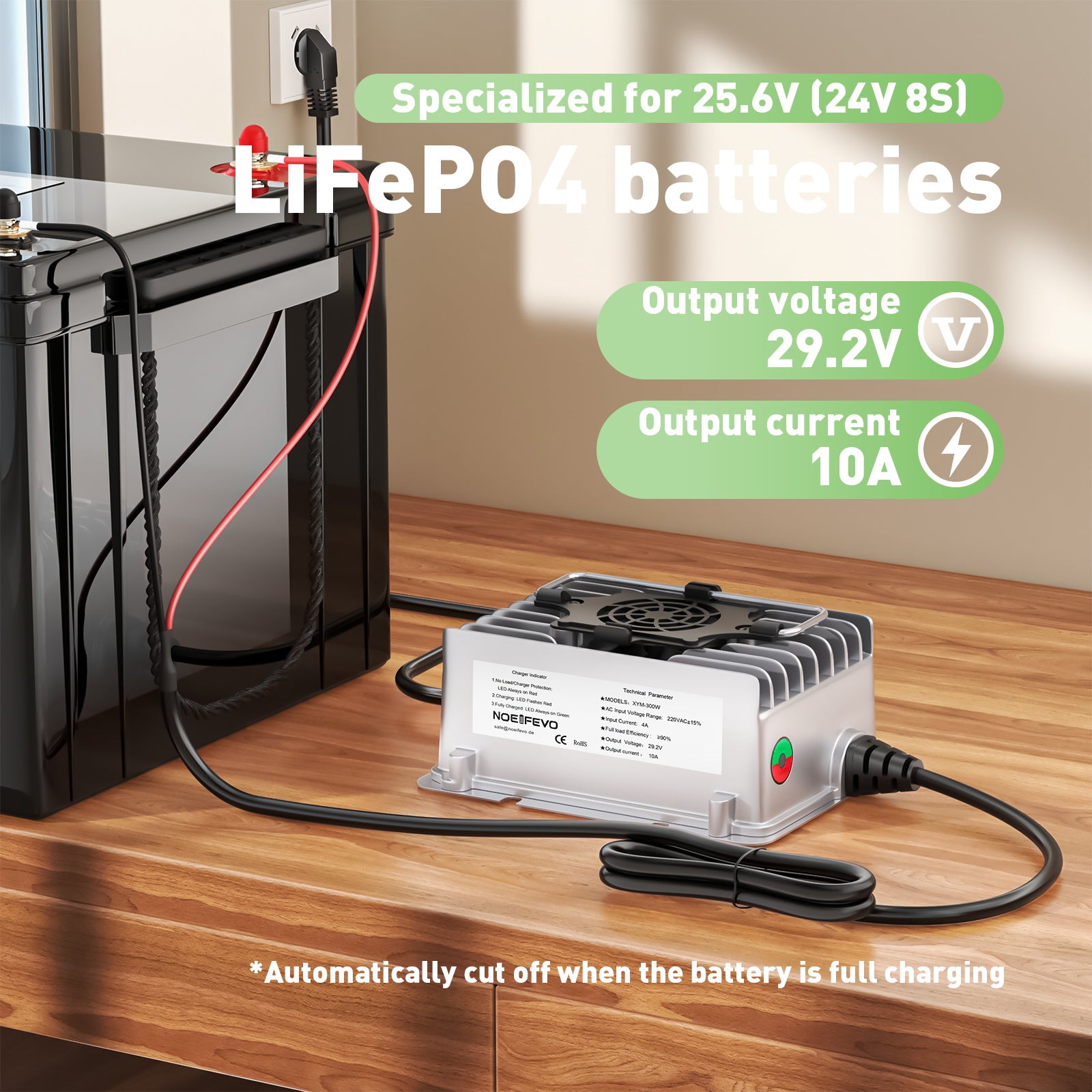 NOEIFEVO 29.2V 10A Wasserdicht LiFePO4 Akku-Ladegerät für 25.6V(24V) 8S LiFePO4 Akku