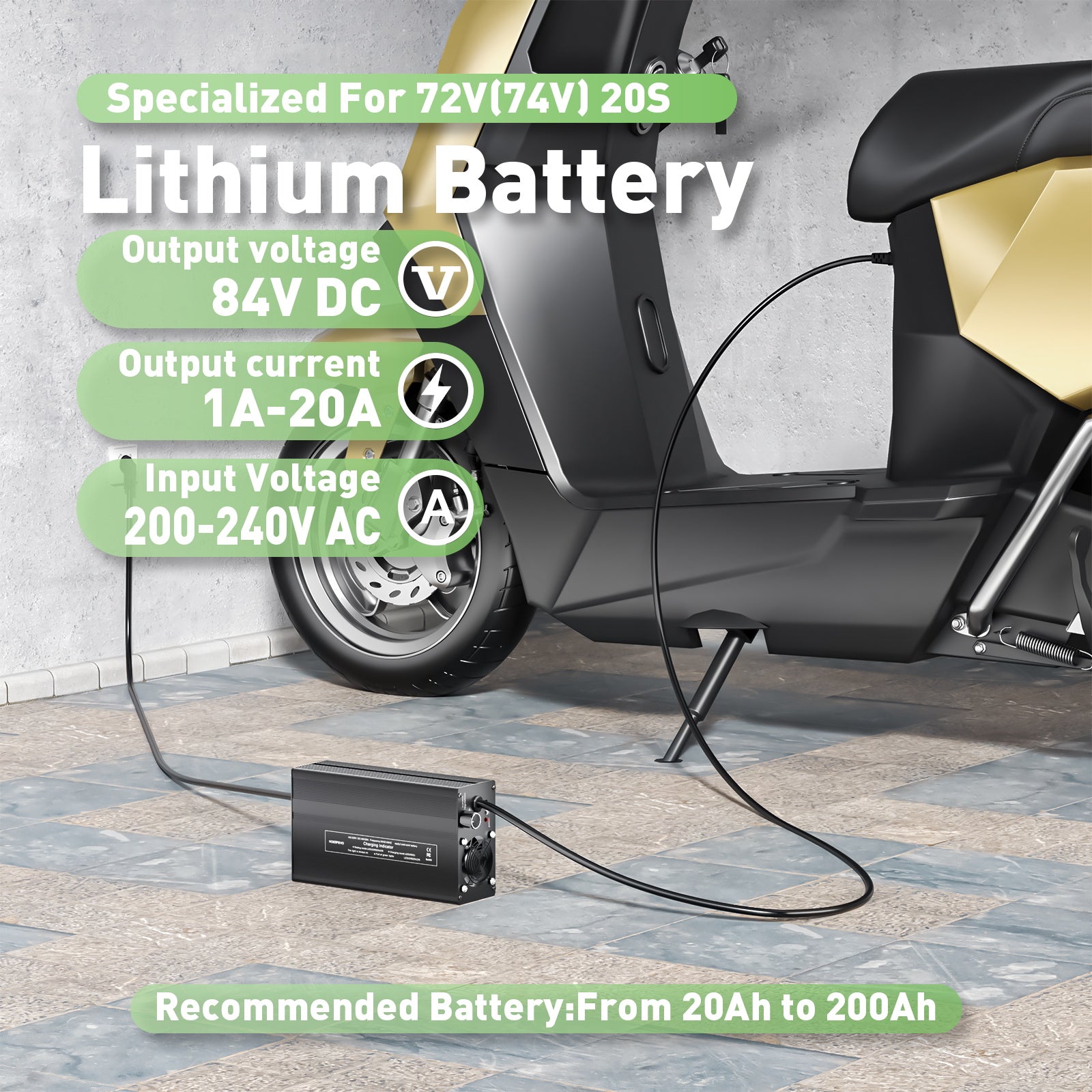 NOEIFEVO 84V 20A Lithium-baterie nabíječka pro 74V 20S Lithium-Li-Ion-Lipo baterii, LCD displej, nastavitelný výkon, nabíječka pro E-bike, skútr, elektrické motocykly