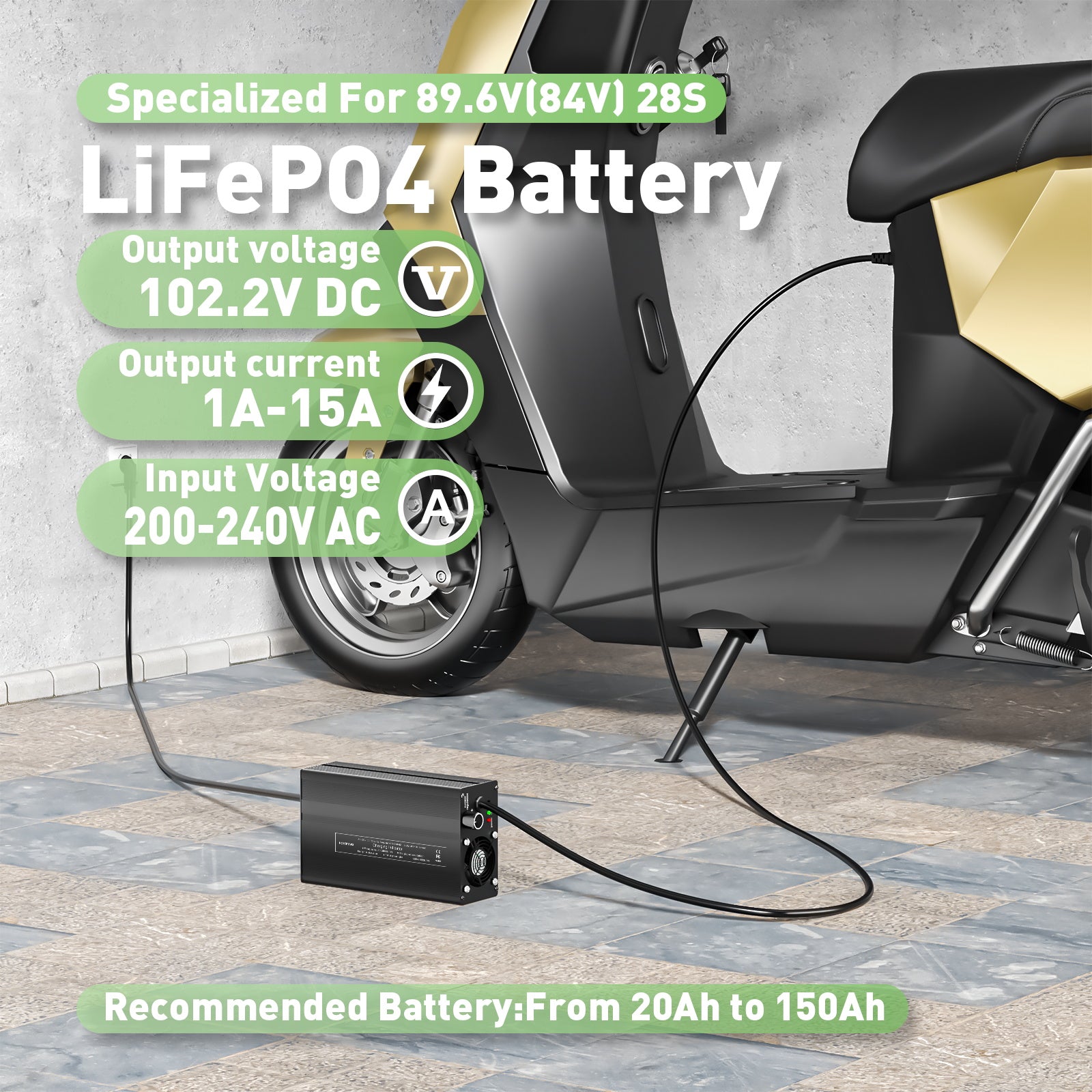 NOEIFEVO 102.2V 1A-15A Cargador de batería LiFePO4, adecuado para batería LiFePO4 89.6V (84V) 28S, pantalla LCD, corriente ajustable