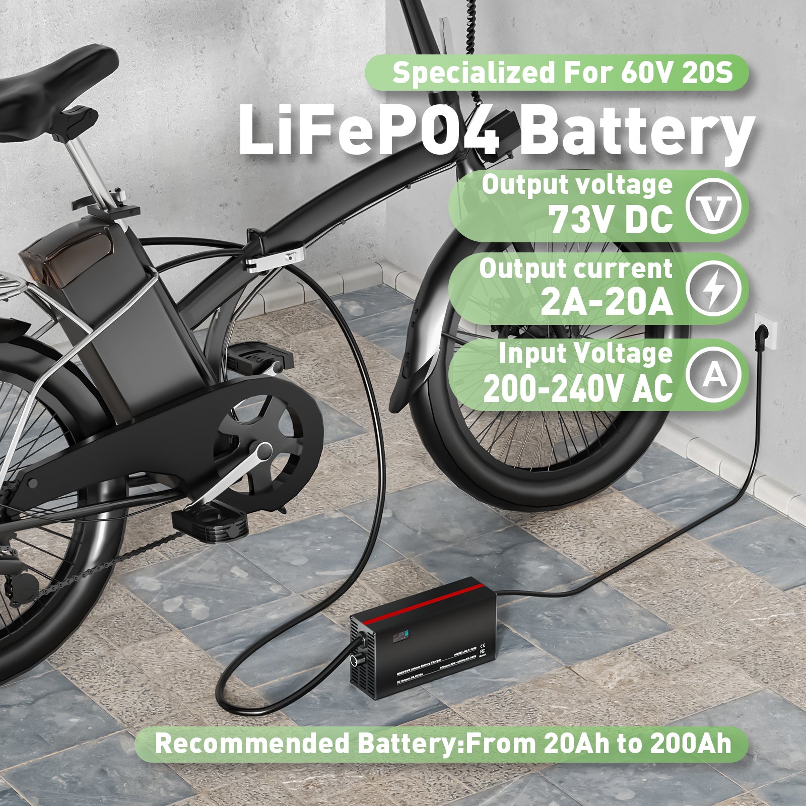 NOEIFEVO 73V 2-20A Lithium-LiFePO4-oplader til 60V 64V 20S LiFePO4-batteri, LCD-skærm, justerbar strøm, oplader til trollingmotor, båd og campingvogne