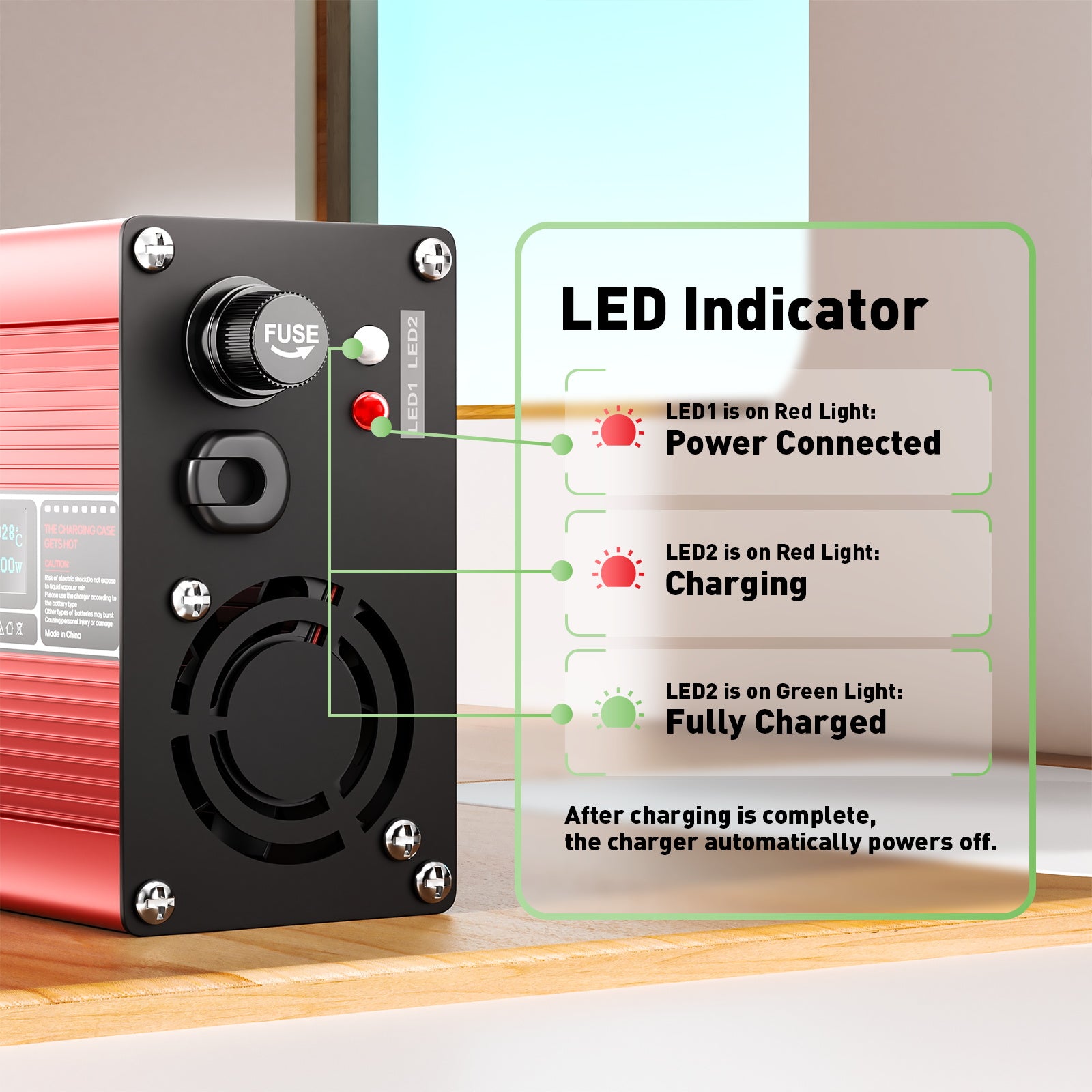 NOEIFEVO 46.2V 2A 3A 3.5A 4A Ładowarka Li-Ion dla baterii 11S 40.7V Li-Ion Lipo z wentylatorem chłodzącym i automatycznym wyłączaniem (CZERWONY)