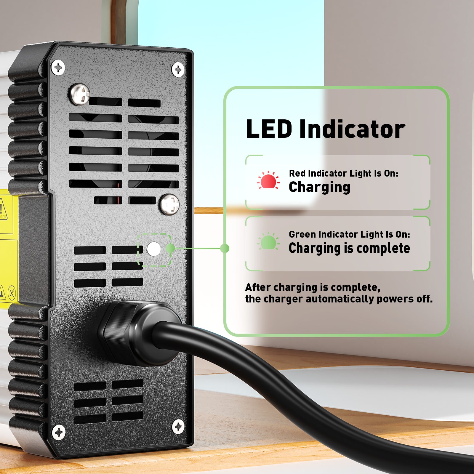 NOEIFEVO 50.4V 8A Carregador de bateria de lítio para bateria de lítio 12S 44.4V, com ventilador de resfriamento, desligamento automático.