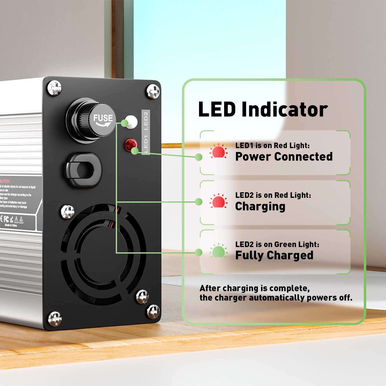 NOEIFEVO 50.4V 2A 2.5A 3A lithiumová nabíječka pro 12S 44.4V Li-Ion Lipo baterie, chladicí ventilátor, automatické vypnutí