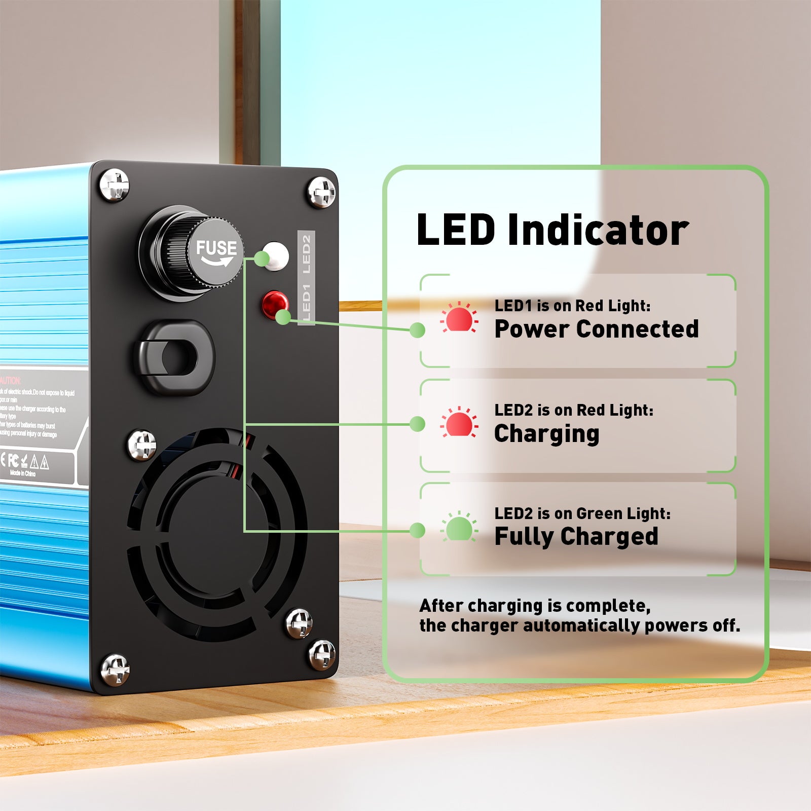 NOEIFEVO 42V 2A 3A 3.5A 4A Lithium-lader til 10S 37V Li-Ion Lipo-batterier, køleventilator, automatisk afbrydelse (BLÅ)