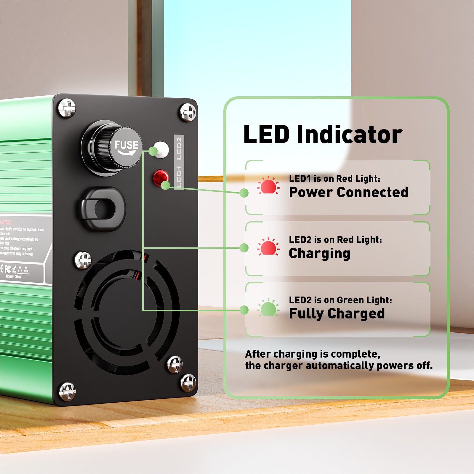 מטעין ליתיום NOEIFEVO 50.4V 3A עבור סוללות 12S 44.4V Li-Ion Lipo, מאוורר קירור, כיבוי אוטומטי (ירוק)