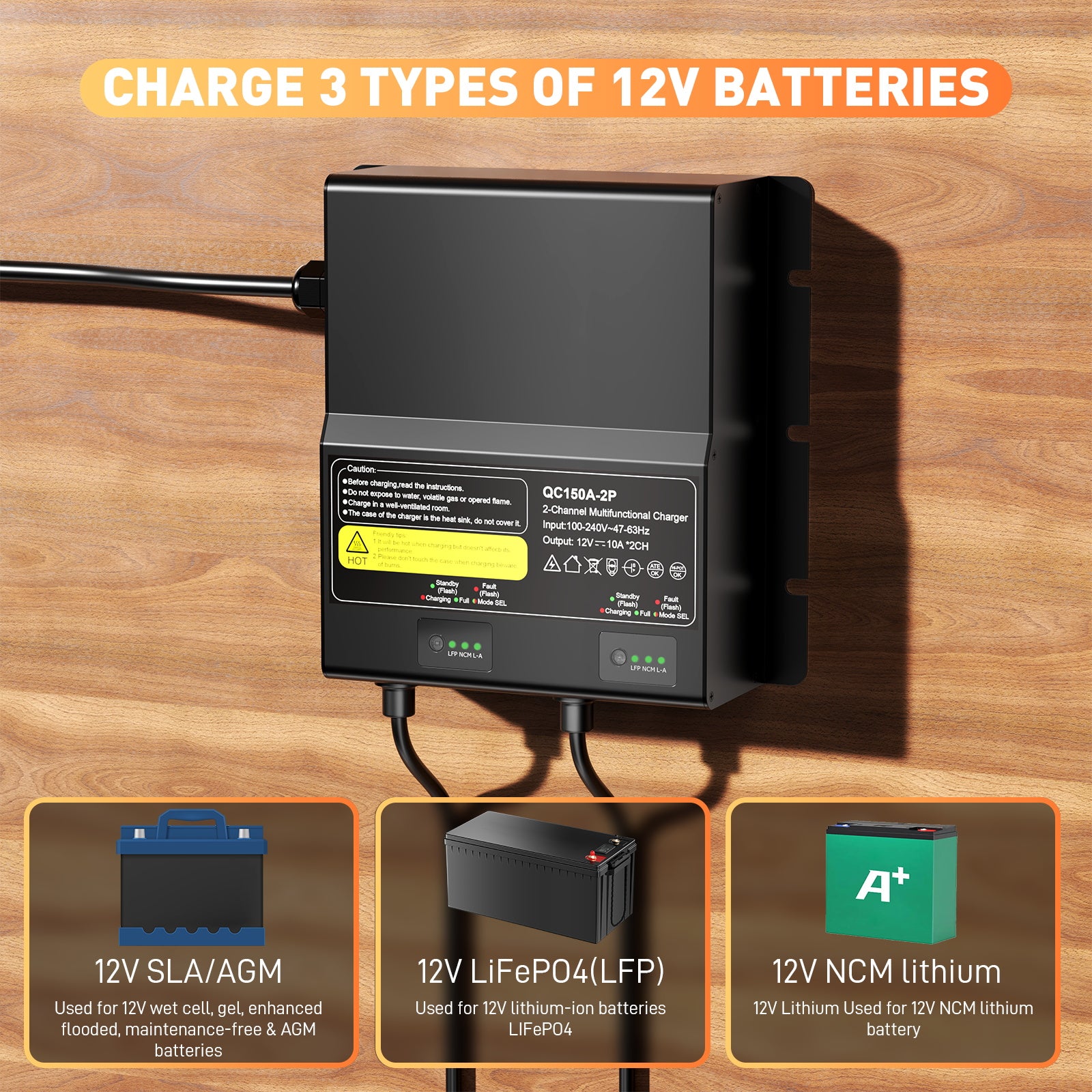 NOEIFEVO 12V 20A 2-banks (10A/bank) universell batterilader, 12V vanntett LiFePO4, litium og blysyre lader for campingvogn, båt, motorsykkel, gressklipper, trollingmotor og blysyrebatteri