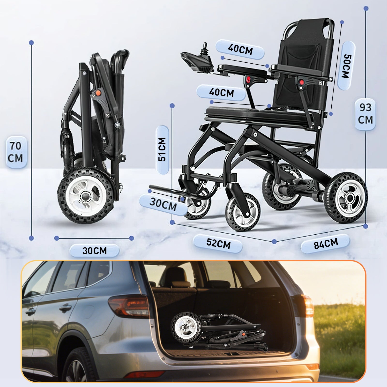Elektrorollstuhl – 13.6kg,300W Motor, abnehmbarer Lithium-Akku, elektromagnetische Bremse, 100kg Tragkraft,Leicht Rollstuhl Elektrisch Faltbar ideal für Reisen & Alltag