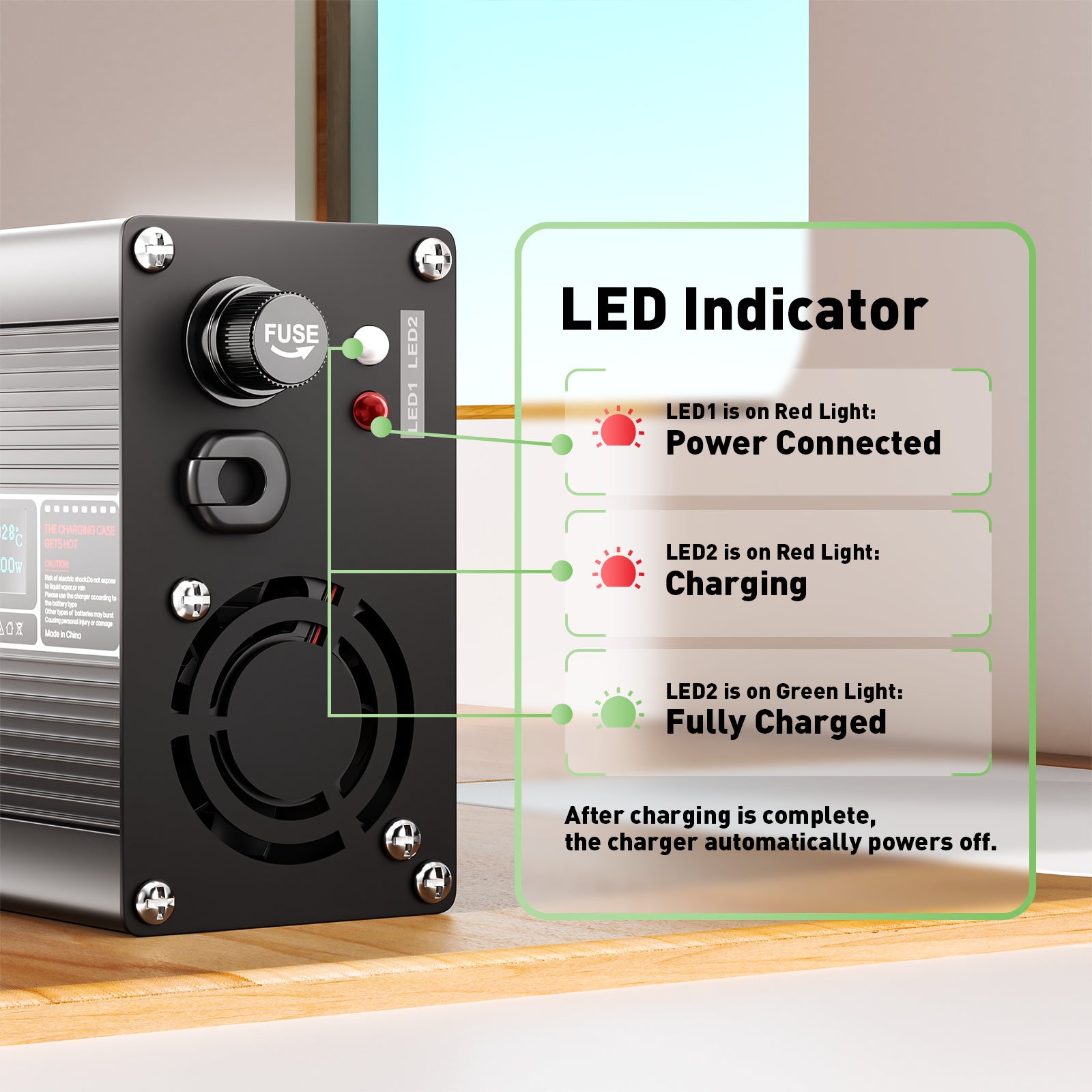 NOEIFEVO 25.2V  2A 3A 4A 5A lithiumoplader til 6S 22.2V Li-Ion Lipo-batterier, køleventilator, automatisk slukning (SORT).