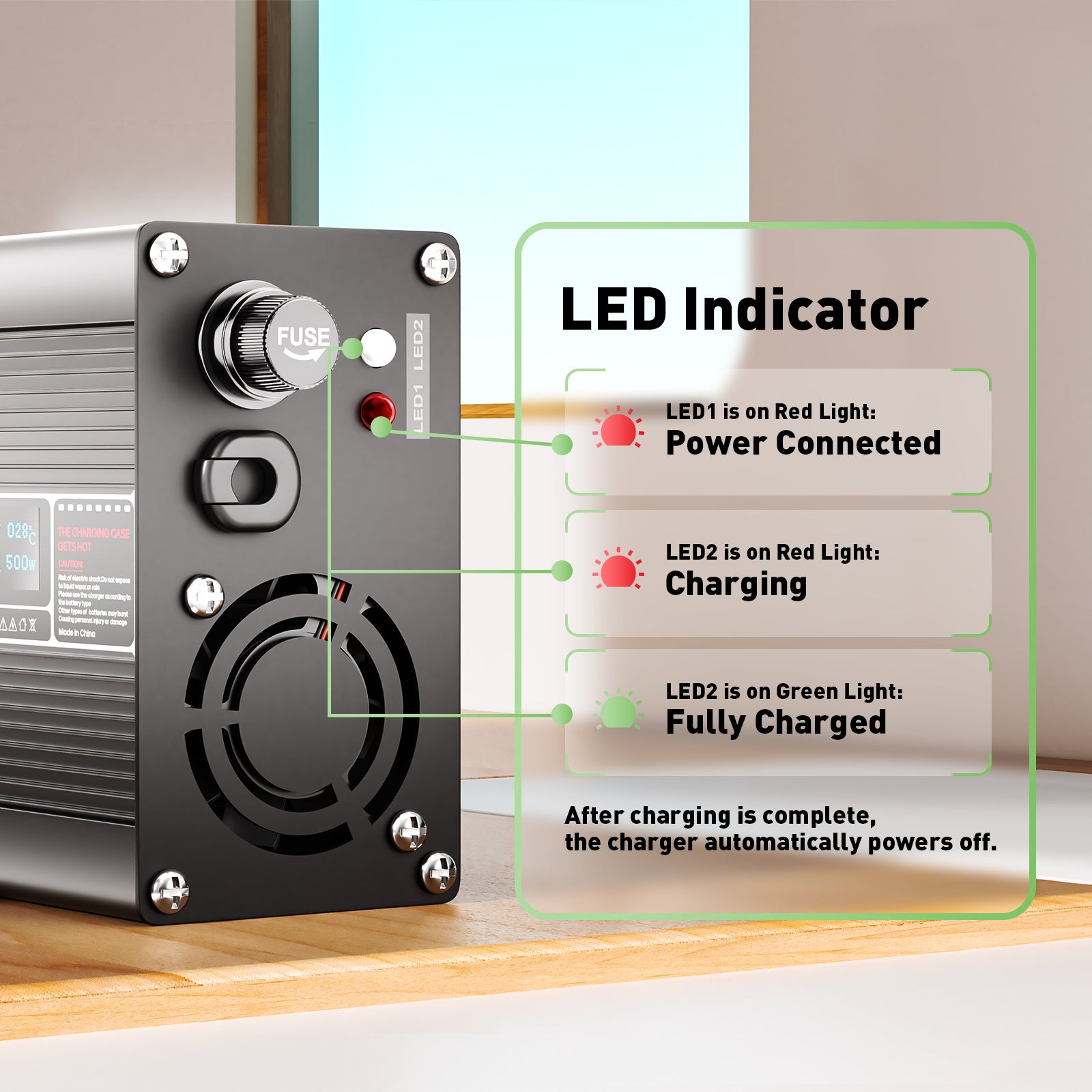 NOEIFEVO 14.6V 20A Ładowarka do akumulatorów LiFePO4 dla 4S 12,8V akumulatora litowo-żelazowo-fosforanowego (LiFePO4), wyświetlacz LED, obudowa aluminiowa