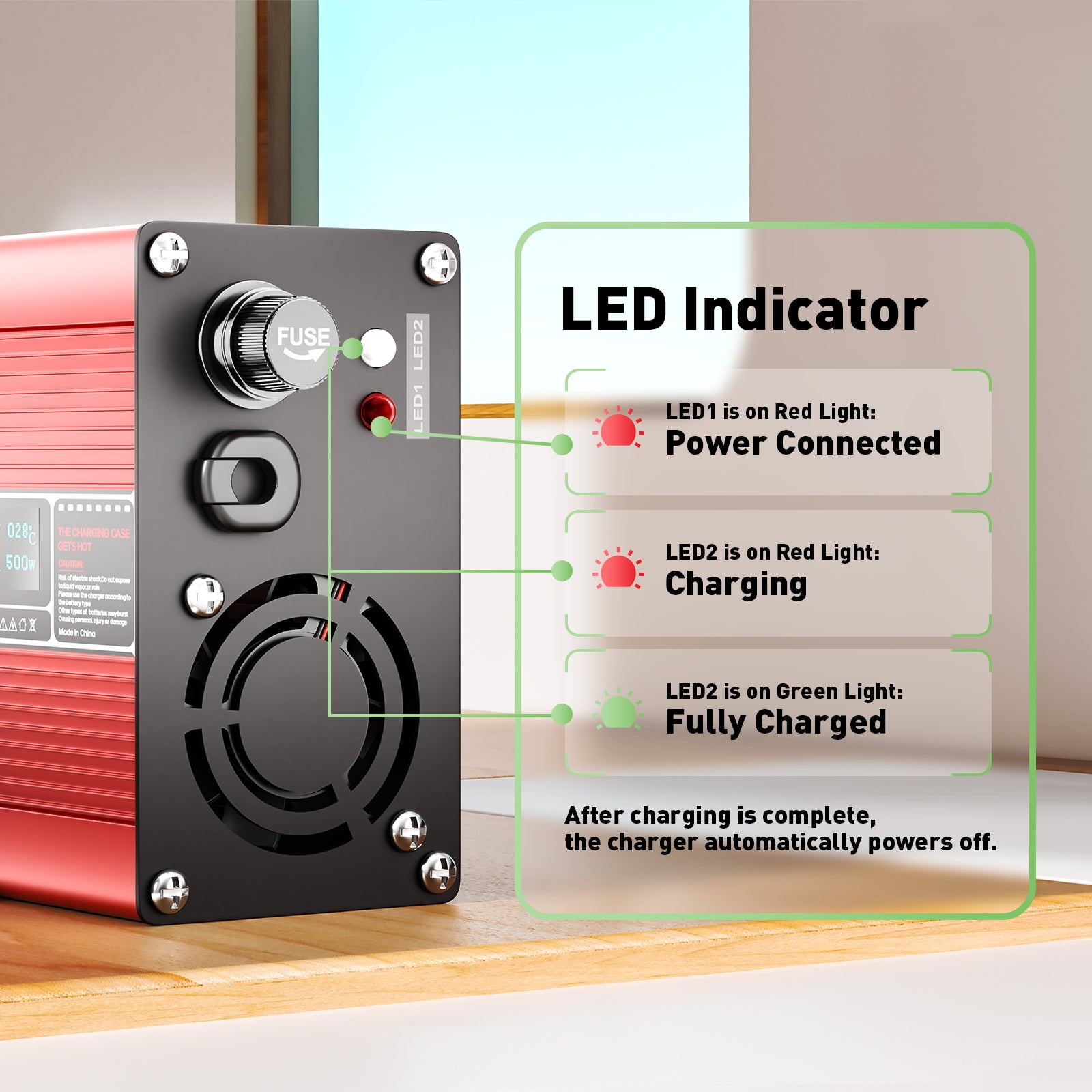 NOEIFEVO 24V 15A bly-syre-batterilader, opladningsspænding 27,6V-29,4V, automatisk slukning, OLED-display, aluminiumsgehus, med blæser.