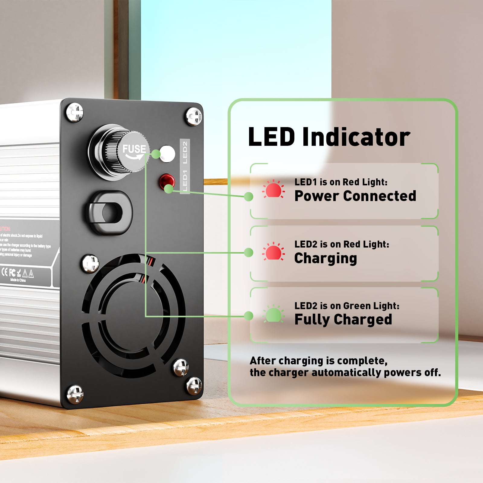 NOEIFEVO 29,2V 15A LiFePO4 batterilader til 24V (25,6V) 4S batteri, automatisk slukning, aluminiumhus, med blæser (sølv)