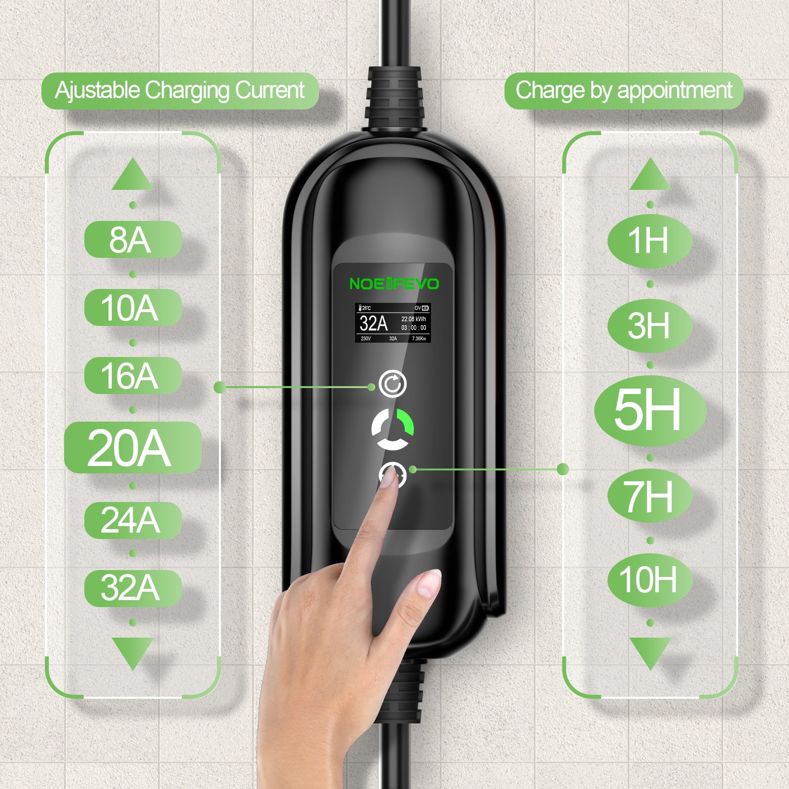 NOEIFEVO 7.2KW EV-laddningskabel, typ 2 32A 1 fas EV-laddare, mobil EVSE-laddningsstation med CEE Blue Plug