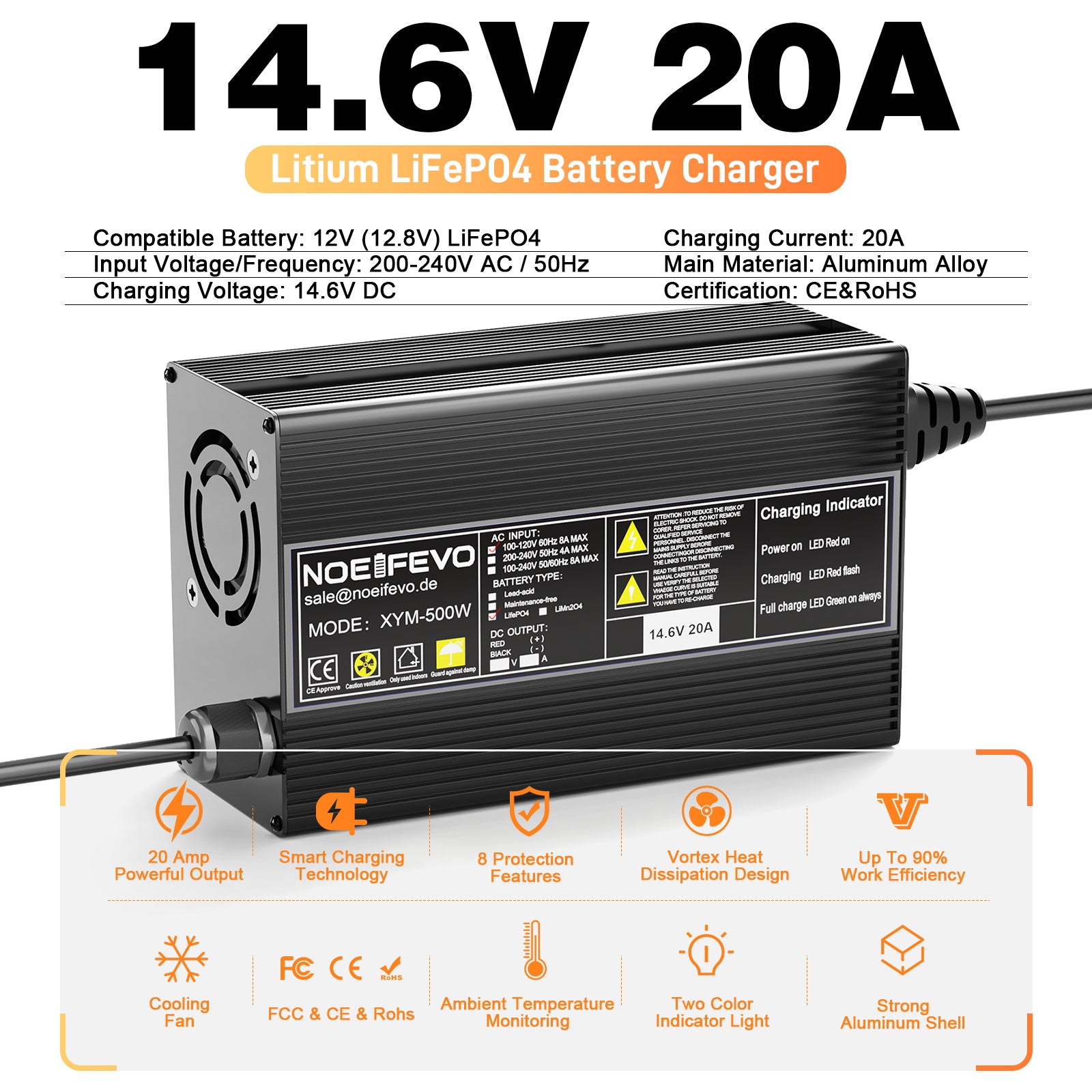 Noeifevo 14,6 V 20A LiFePO4  bateria de Carregador para bateria de lítio LiFePO4 de 12 V 12,8 V, ativação de 0 V BMS, desligamento automático, caixa de liga de alumínio