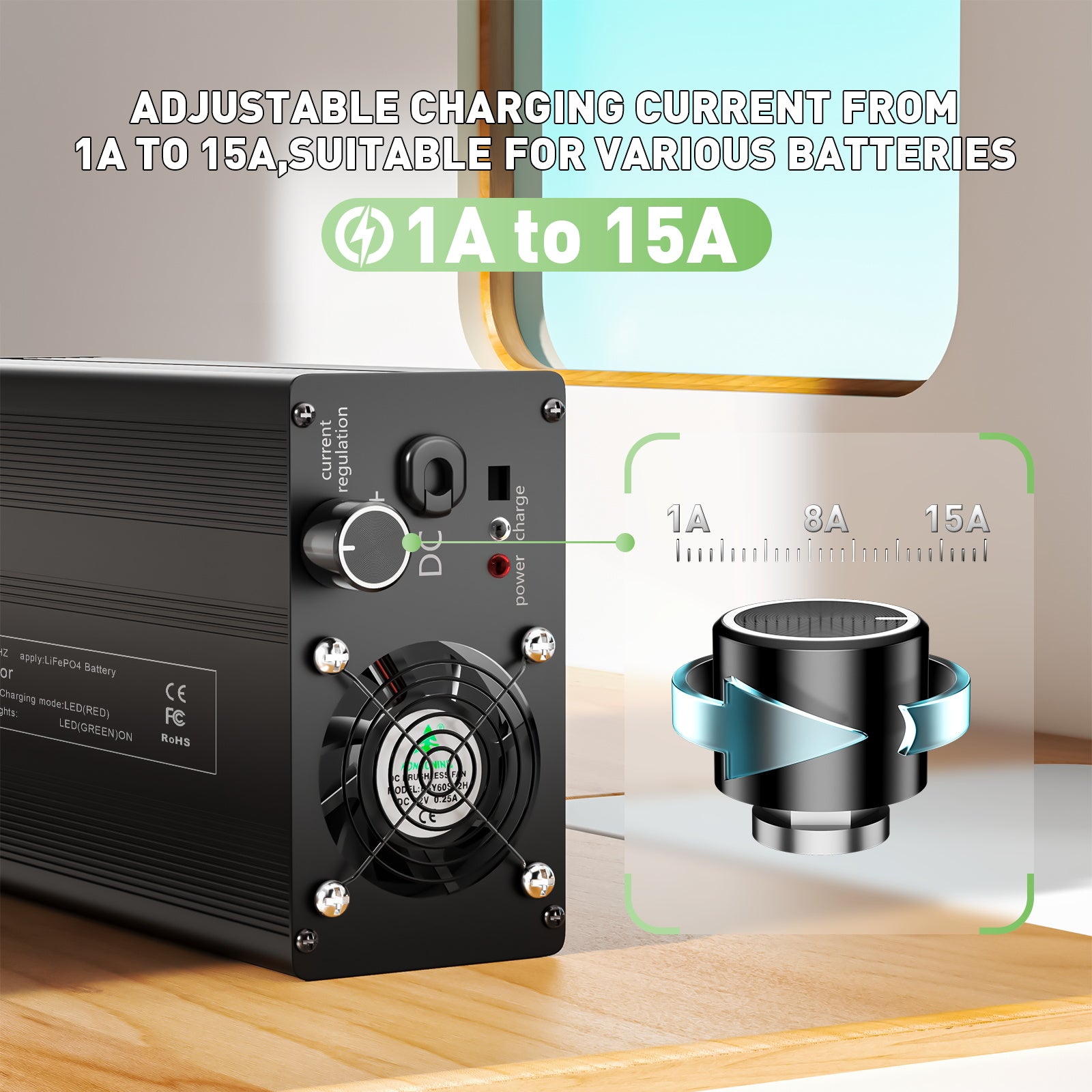 NOEIFEVO 102.2V 1A-15A Cargador de batería LiFePO4, adecuado para batería LiFePO4 89.6V (84V) 28S, pantalla LCD, corriente ajustable