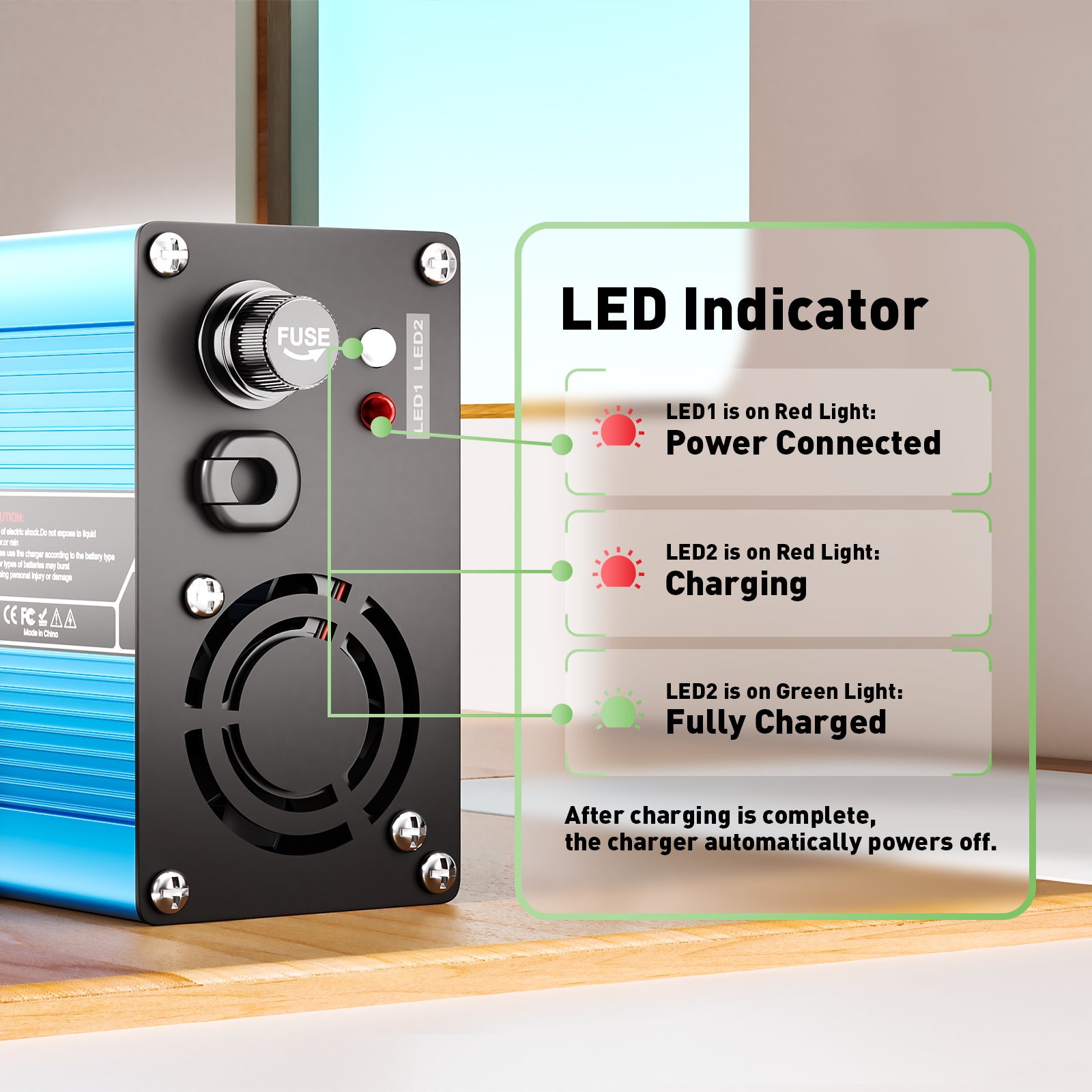 NOEIFEVO 42V 10A Carregador de Baterias de Lítio 10S, para Bateria Li-Ion 10S 37V, Desligamento Automático, Caixa de Alumínio, com Ventilador (azul)