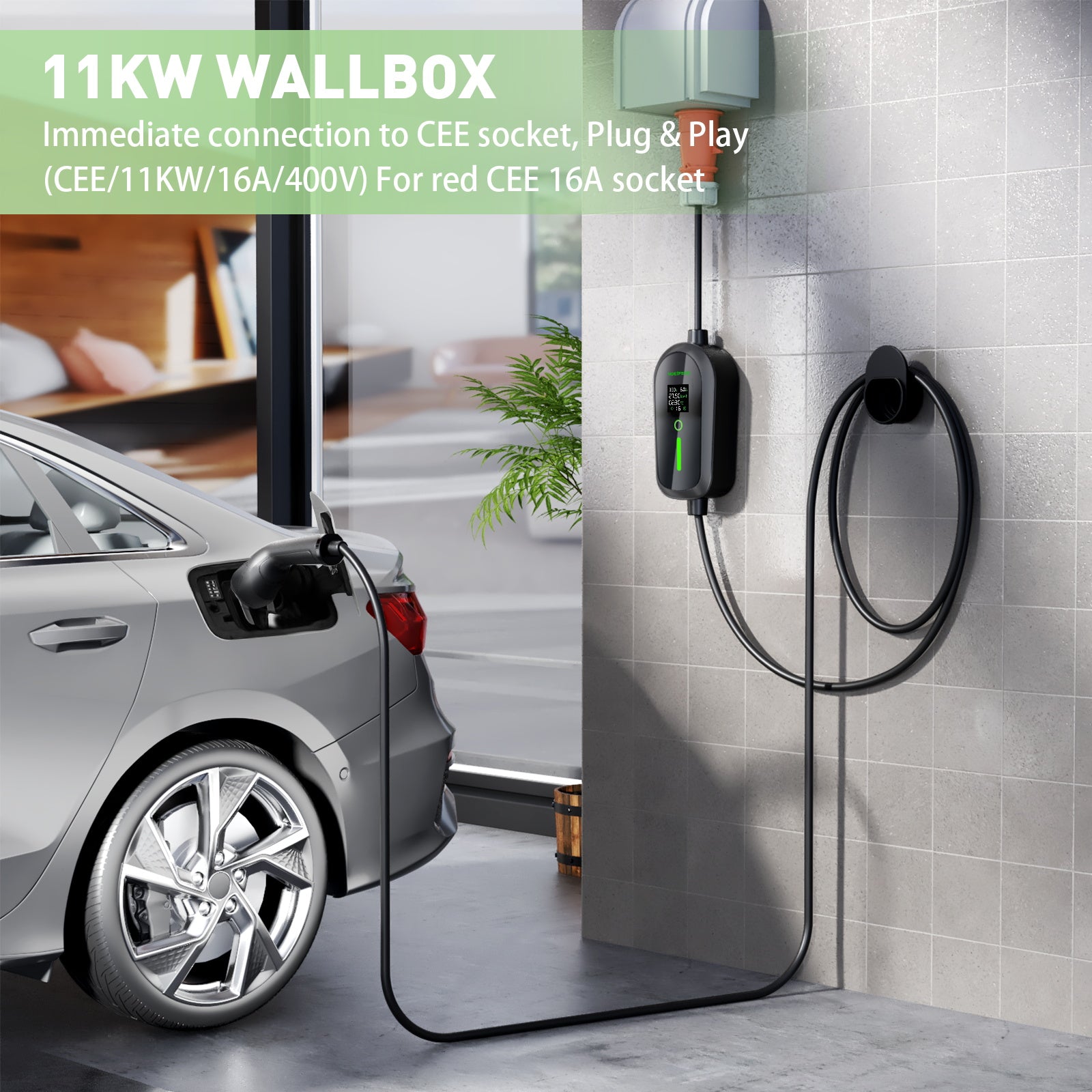 NOEIFEVO F097 11KW Wallbox Móvel EV com App, 3-fases 6-16A com Potência de Carga Ajustável, Controle Remoto via Wi-Fi, Cabo de Carregamento CEE 16A para Tipo 2 para Carregador EV