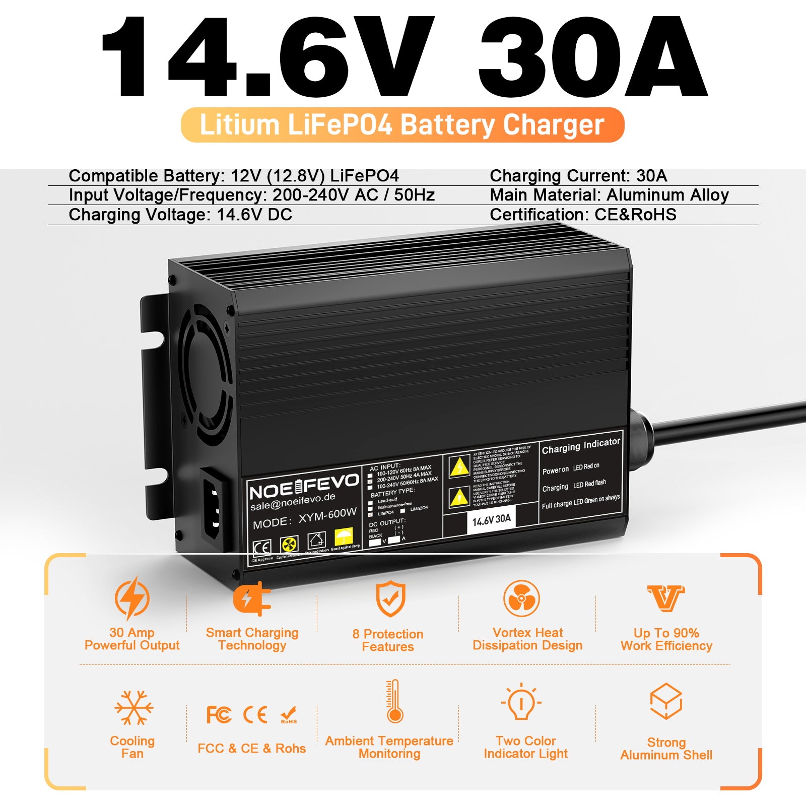 Noeifevo 12V 12.8V 30A Lithium LiFePO4 מטען סוללה, מתח טעינה 14.6V, 0V BMS הפעלה, כיבוי אוטומטי, בית אלומיניום