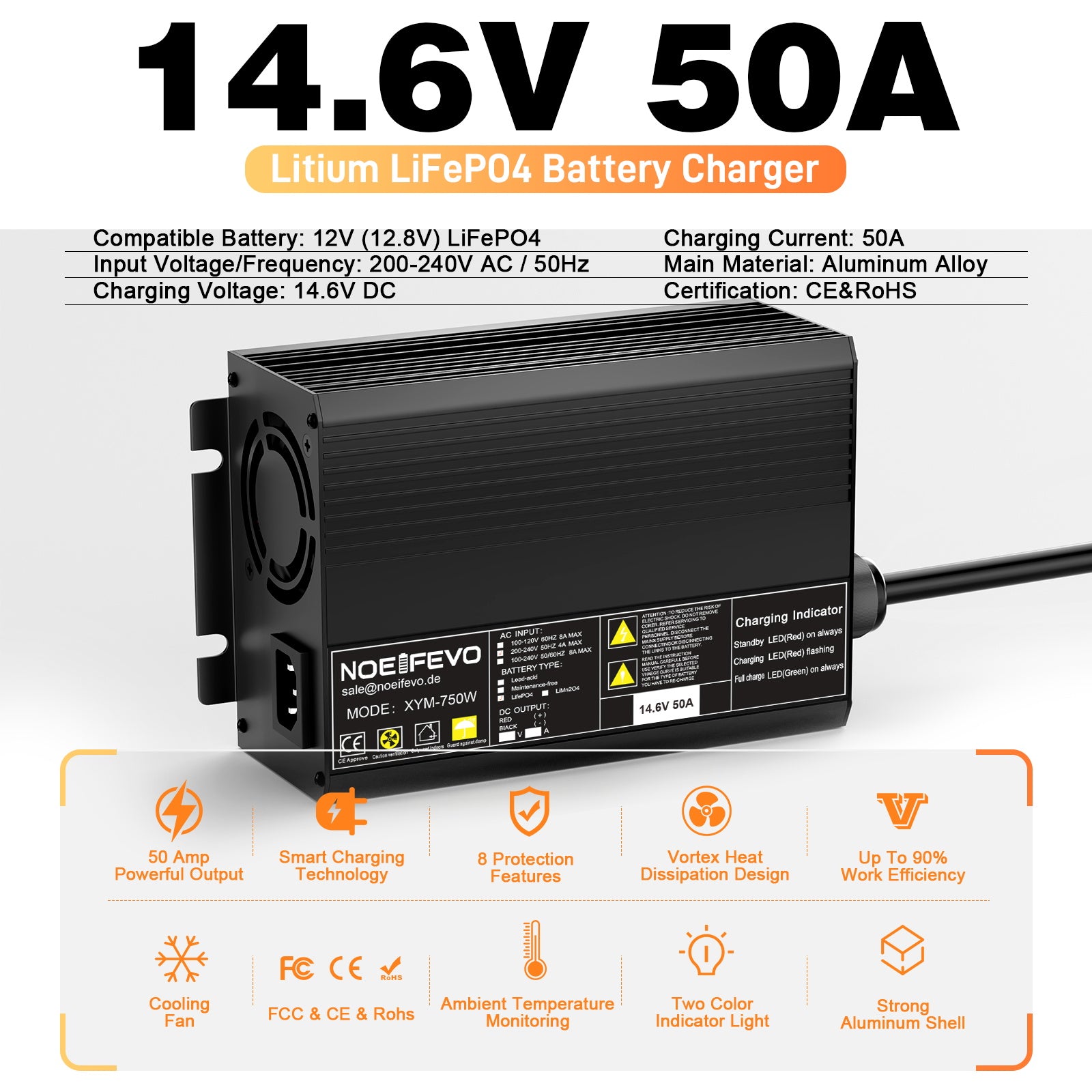 LiFePO4 rápido Noeifevo de 14,6 V y 50A litio de batería de Cargador para batería LiFePO4 de 12 V (12,8 V), activación de BMS de 0 V, apagado automático con protección total