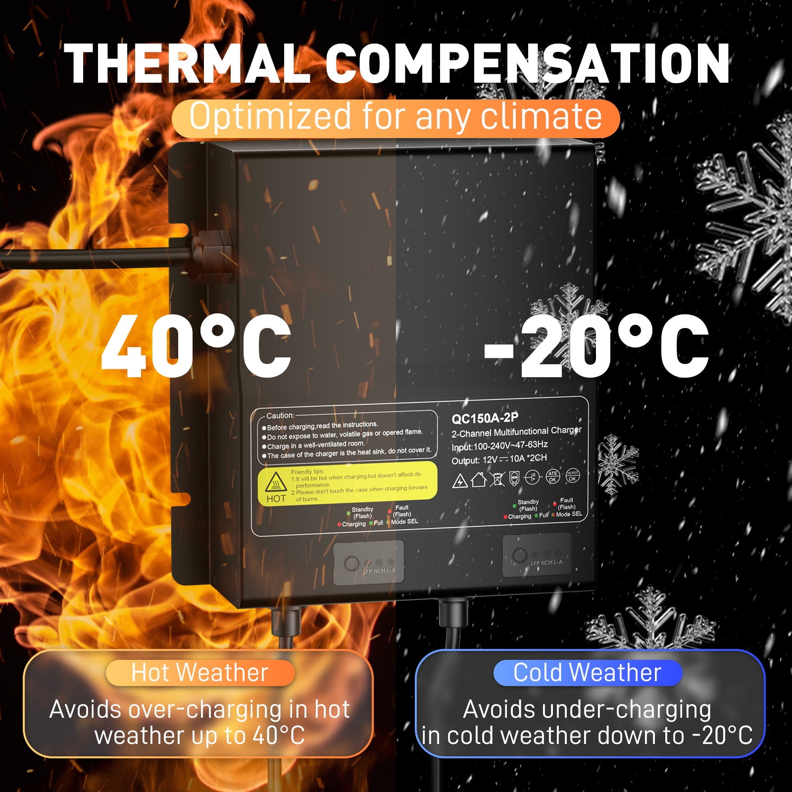 NOEIFEVO 12V 20A 2-banks (10A/bank) universell batterilader, 12V vanntett LiFePO4, litium og blysyre lader for campingvogn, båt, motorsykkel, gressklipper, trollingmotor og blysyrebatteri