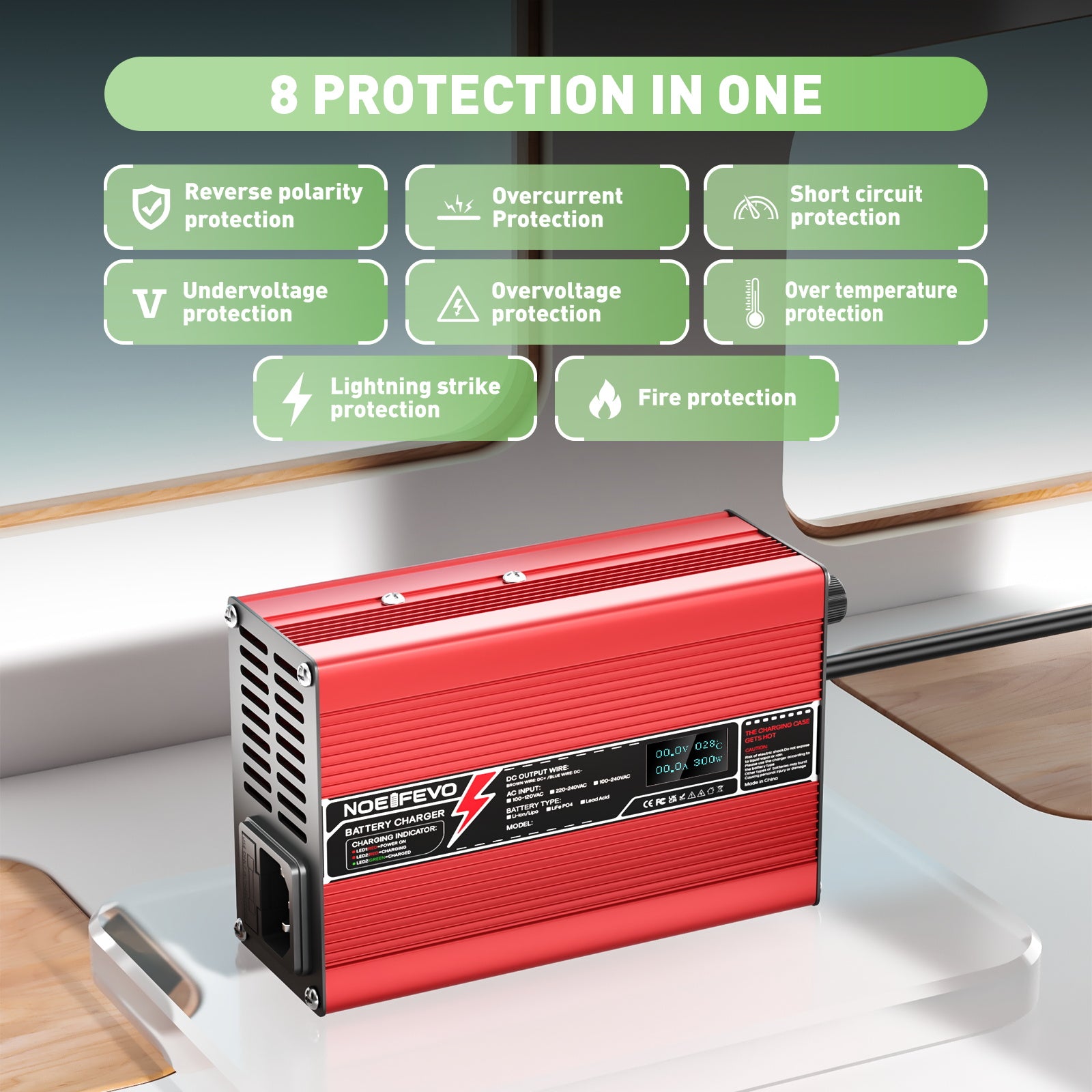 NOEIFEVO 42V 4A Lithium-oplader til 10S 37V Li-Ion Lipo-batterier, med LCD-skærm, køleventilator, automatisk slukning (RØD)