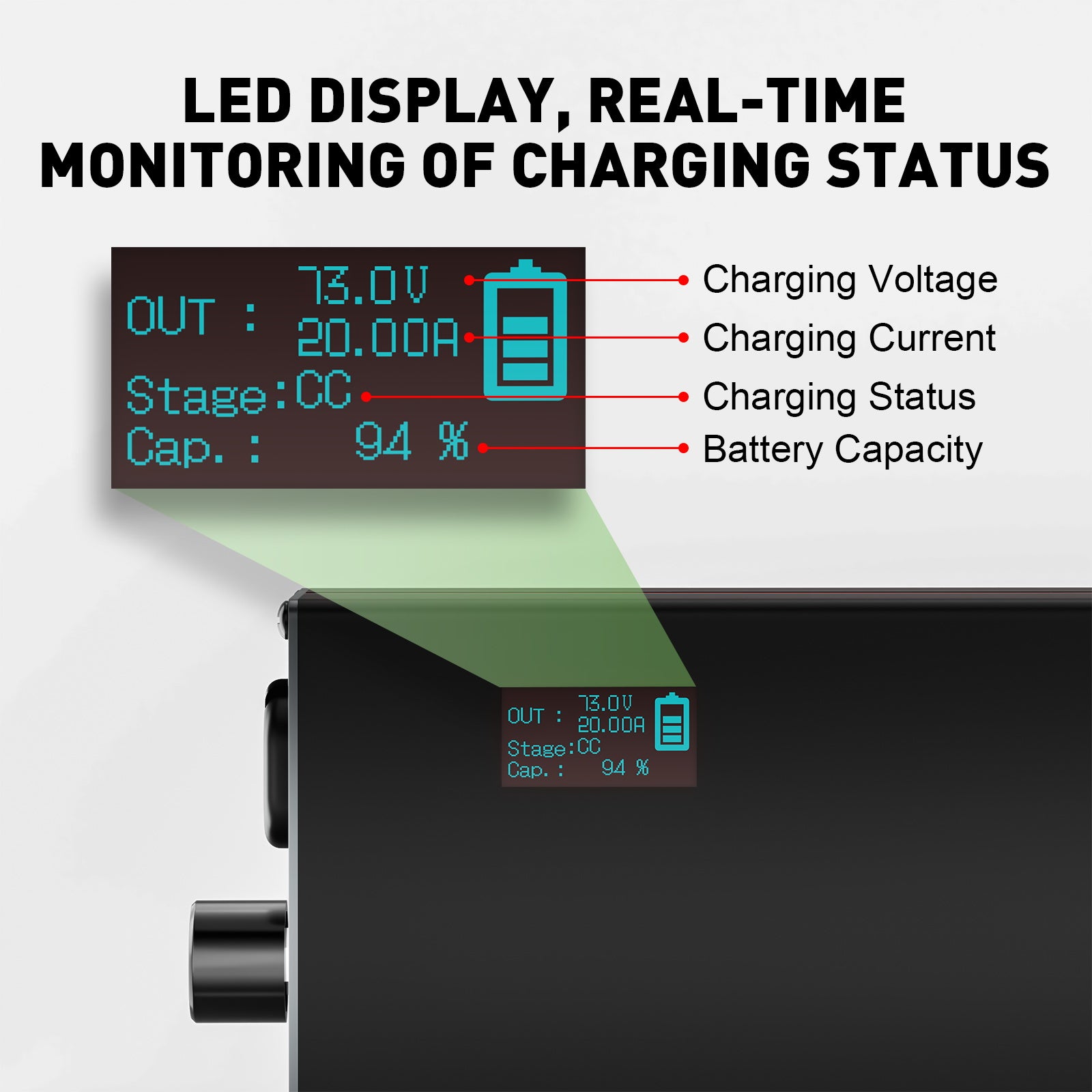 NOEIFEVO 73V 2-20A Lithium-LiFePO4-oplader til 60V 64V 20S LiFePO4-batteri, LCD-skærm, justerbar strøm, oplader til trollingmotor, båd og campingvogne