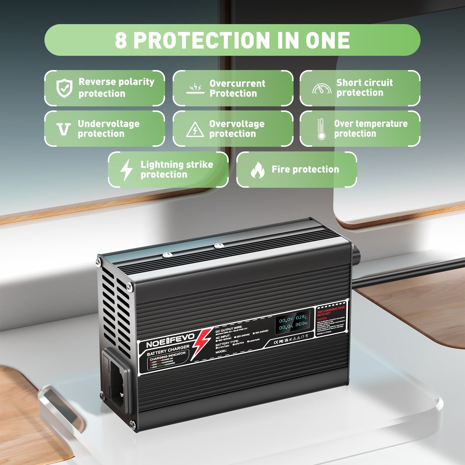 NOEIFEVO 12,6V 5A Lithium-oplader til 3S 11,1V Li-Ion Lipo-batterier, med LCD-skærm, kølefan, automatisk slukning.